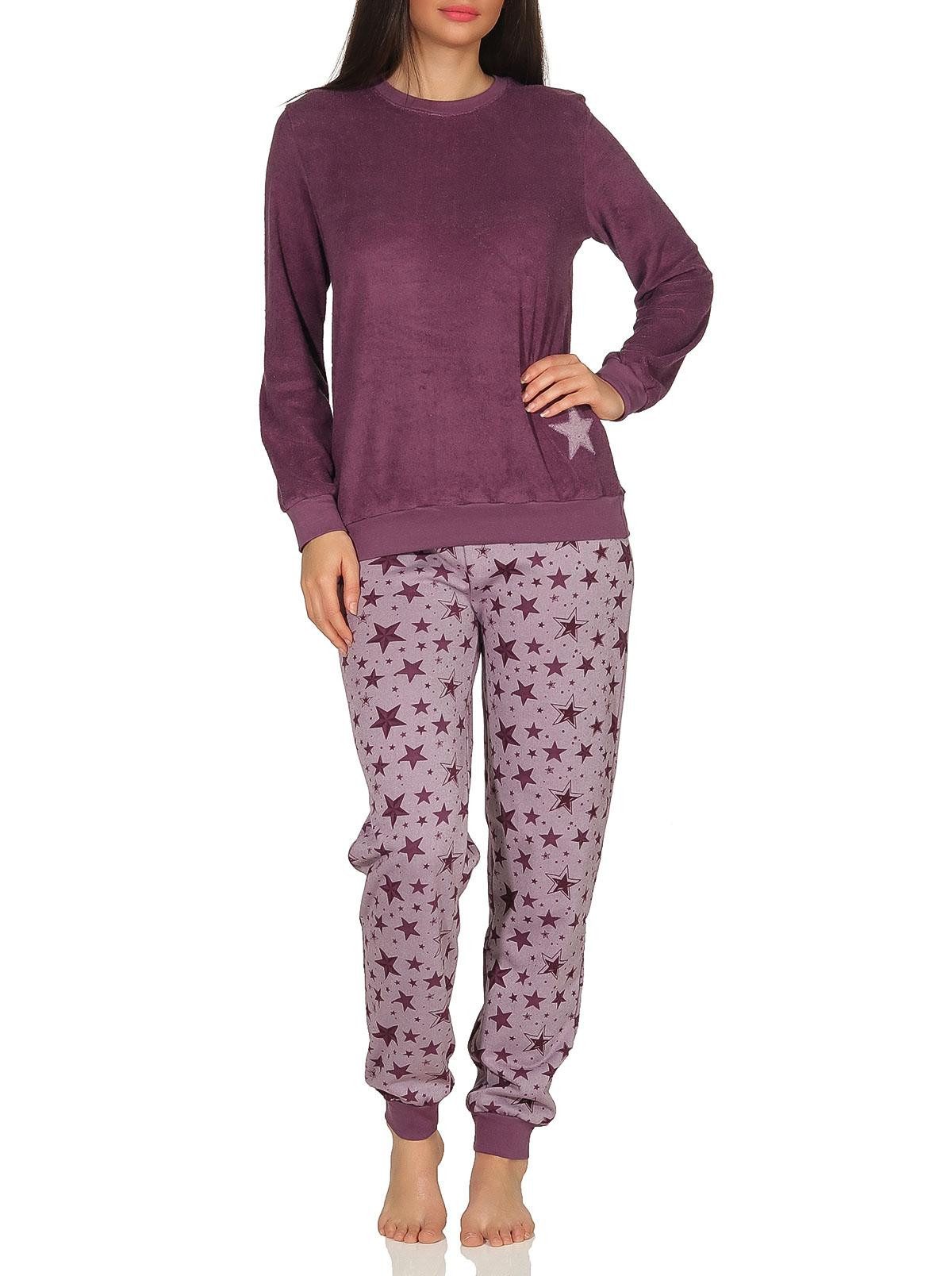 Pyjama Damen Frottee Schlafanzug mit Bündchen und Sterne als Motiv