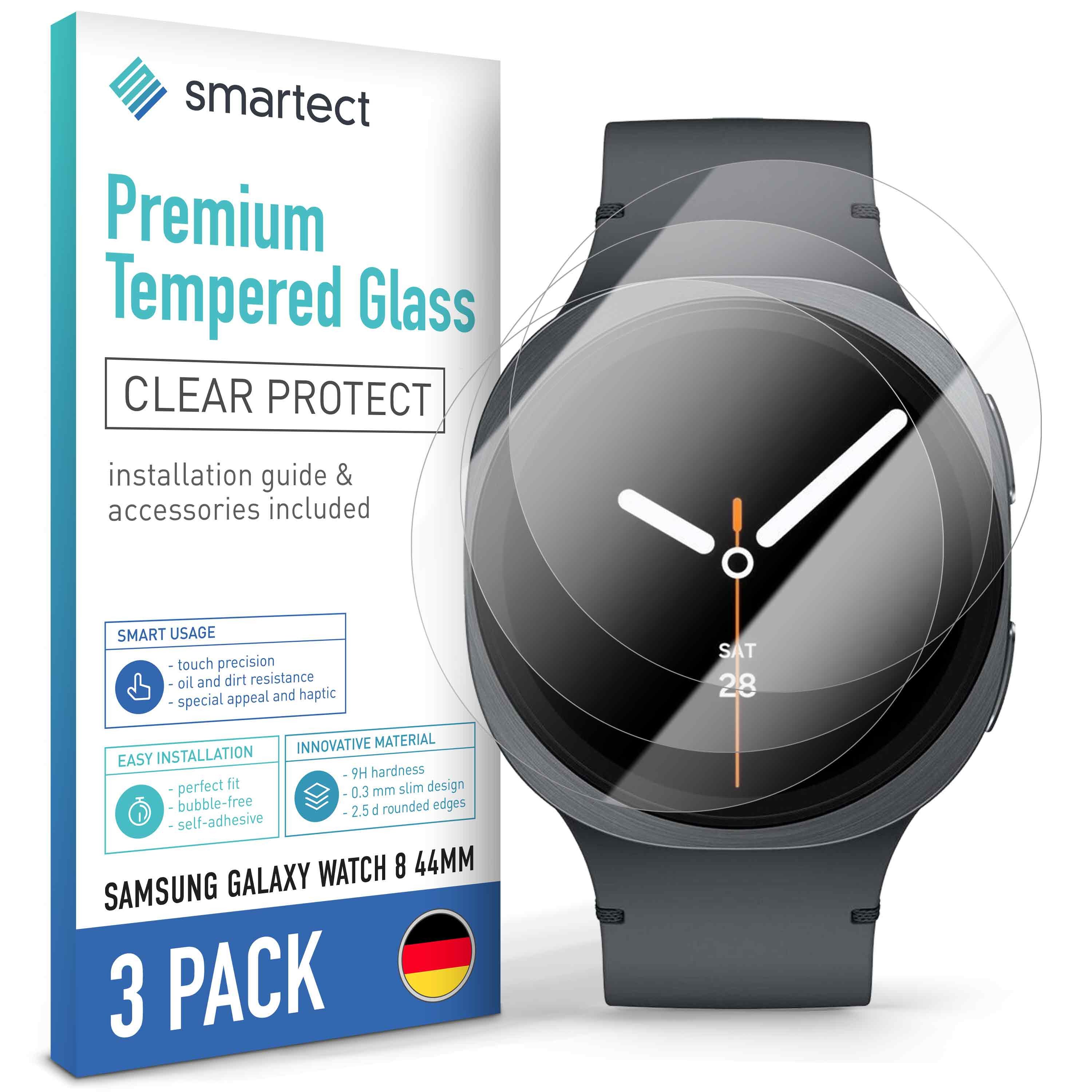 smartect Displayschutzglas 3X Schutzglas Panzerfolie Klar für Samsung Galaxy Watch 8 44mm für Samsung Galaxy Watch 8 44mm, Set, 3 Stück, 0.3 mm Ultra-klar, 9H Härte, Kratzfest, Stoßfest, Blasenfrei, Oleophob