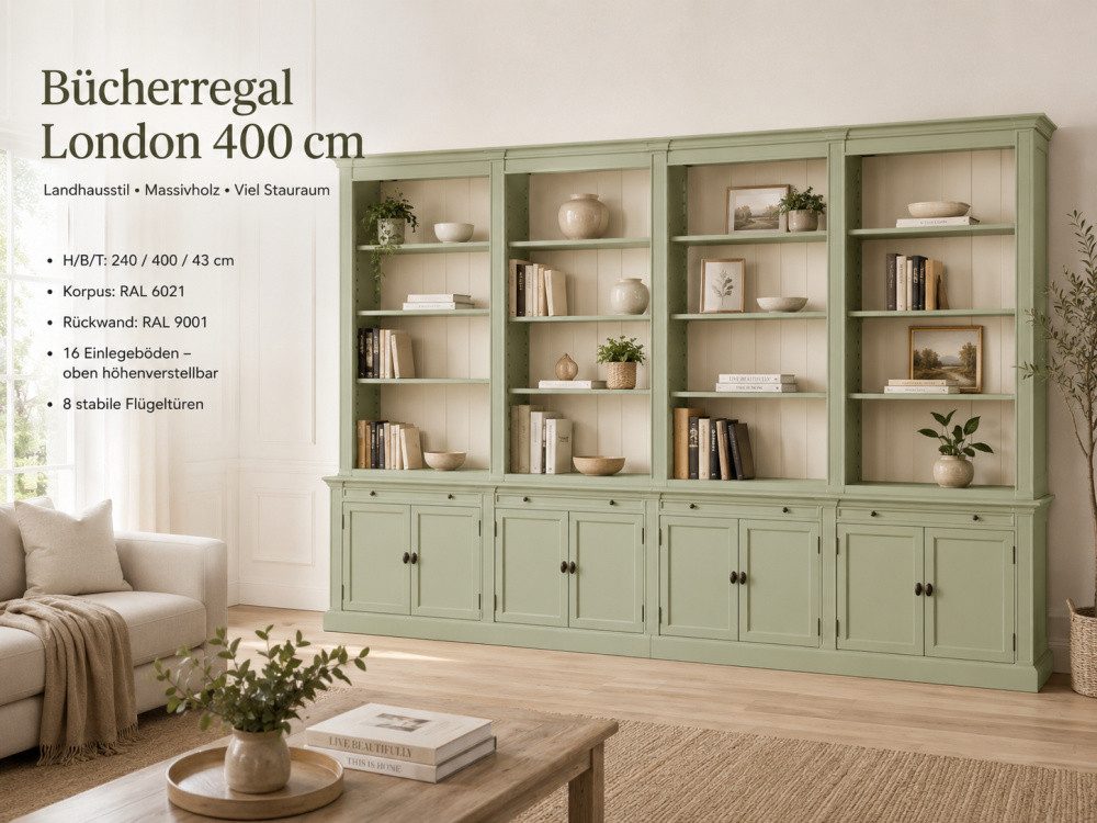 Wohnpalast Bücherregal Bücherschrank London 400 cm - mehrteilig Bücherregal im Landhausstil