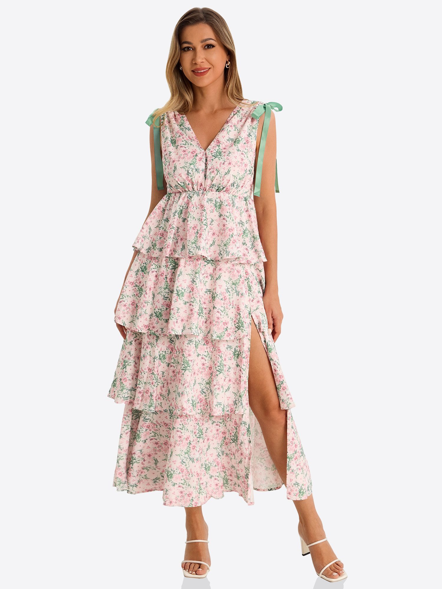 Imily Bela Maxikleid Damen Geblümte Boho Strandkleider mit hohem Schlitz (Packung, 1-tlg., 1per-Pack) mit Rüschen-Stufen