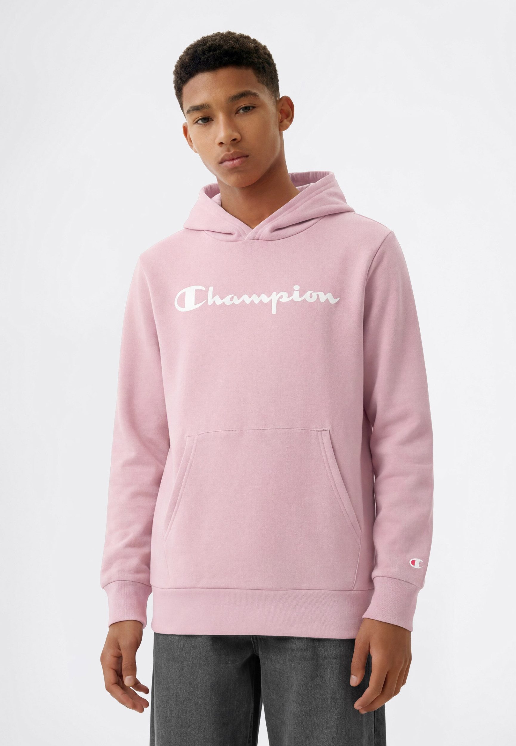 Champion Kapuzensweatshirt Kinder Kapuzen-Sweatshirt mit Script-Logo Hellgrau