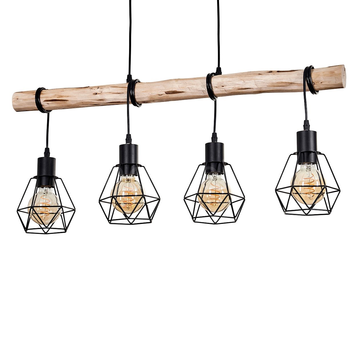 hofstein Hängeleuchte Pendelleuchte aus Metall/Holz in Schwarz/Natur, ohne Leuchtmittel, retro Hängelampe,Holzstab(80cm),max. 177,5cm, 4xE27, ohne Leuchtmittel