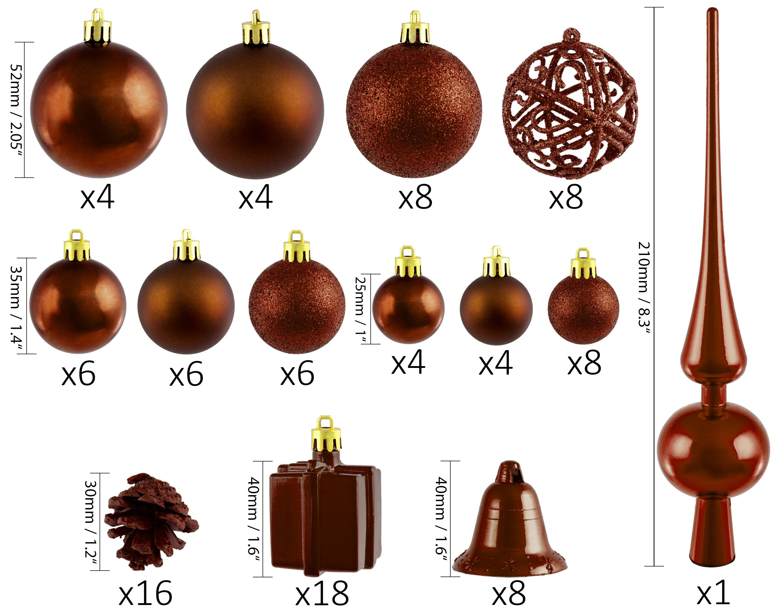 BRUBAKER Weihnachtsbaumkugel 101-teiliges Weihnachtskugel-Set mit Baumspitze, Christbaumschmuck aus Kunststoff, Weihnachtsdekoration edel und robust