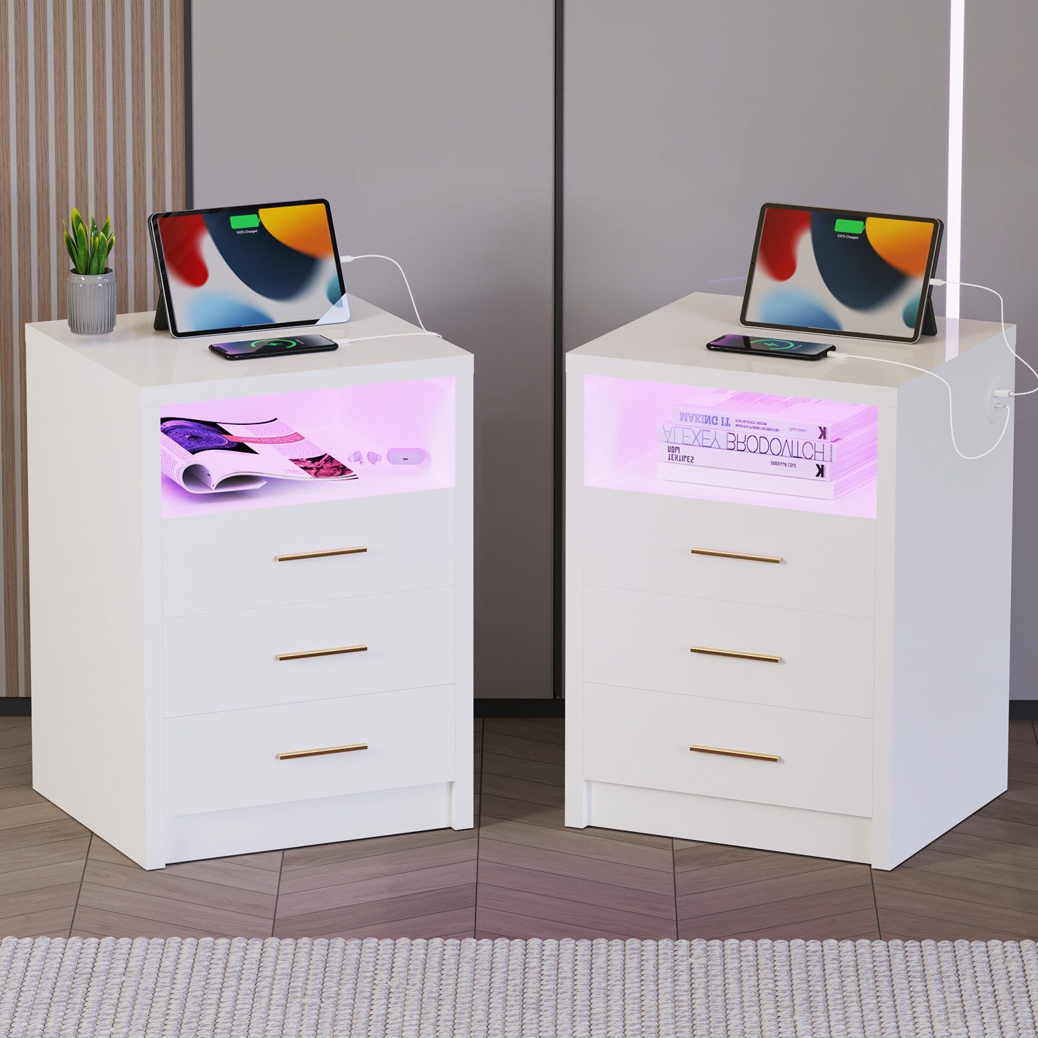 oyajia Nachttisch Nachtschrank mit 2/3 Schubladen, Beistelltisch mit Ladestation und LED (1-st RGB Nachttisch mit Schubladen und Ladestation), Nachttisch mit Schubladen, Einstellbare Farben, Type-C, USB-Anschlüsse