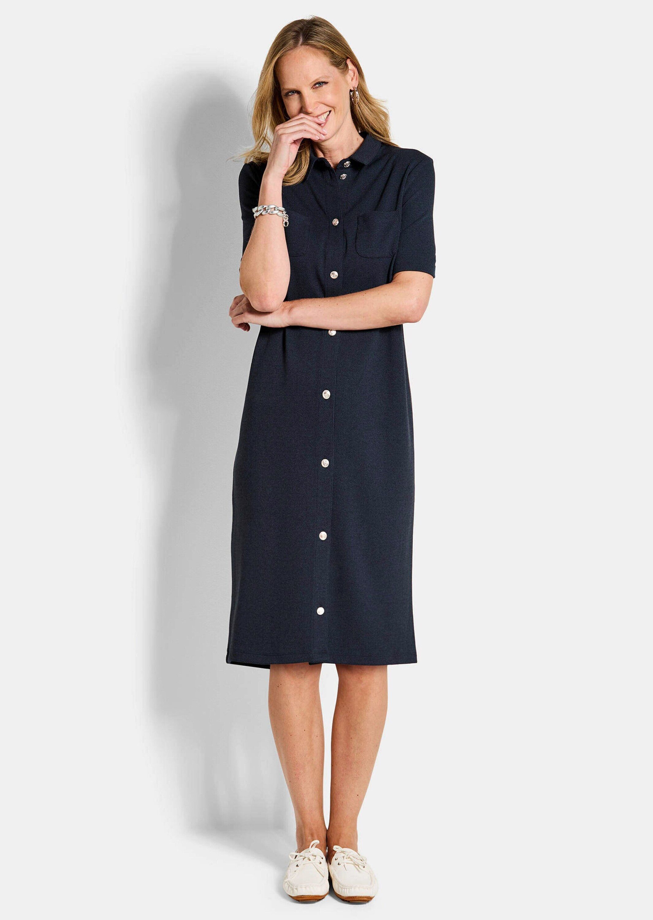 GOLDNER Jerseykleid Polokleid in maritimen Look Midikleid mit Hemdkragen, Knopfleiste, Taschen, Knielänge und Halbarm