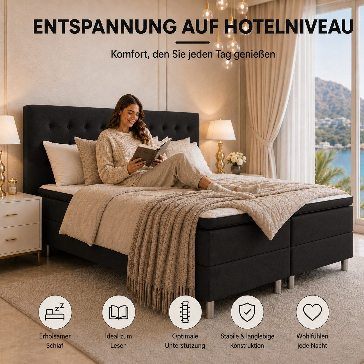 Best for Home Boxspringbett Neo Boxspring bett – 7-Zonen Bonnell Matratze mit Topper, Schwarz (Komplettbett, 6-St., 140x200 160x200 180x200 200x200 cm), TOP Pre – Bild 4 von 5