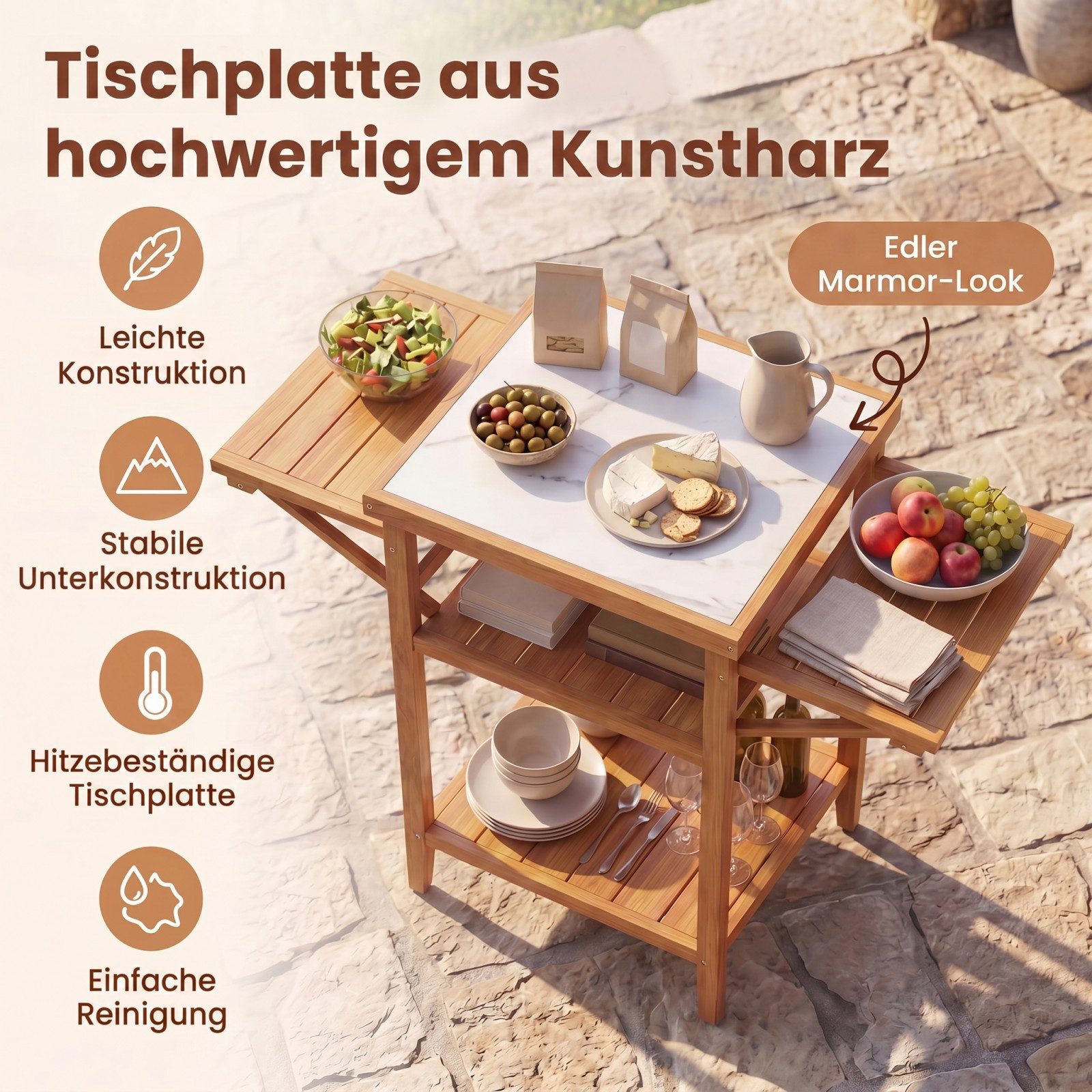 KOMFOTTEU Gartentisch, Grilltisch mit klappbaren Seitenablage & 2 offene Ablagen