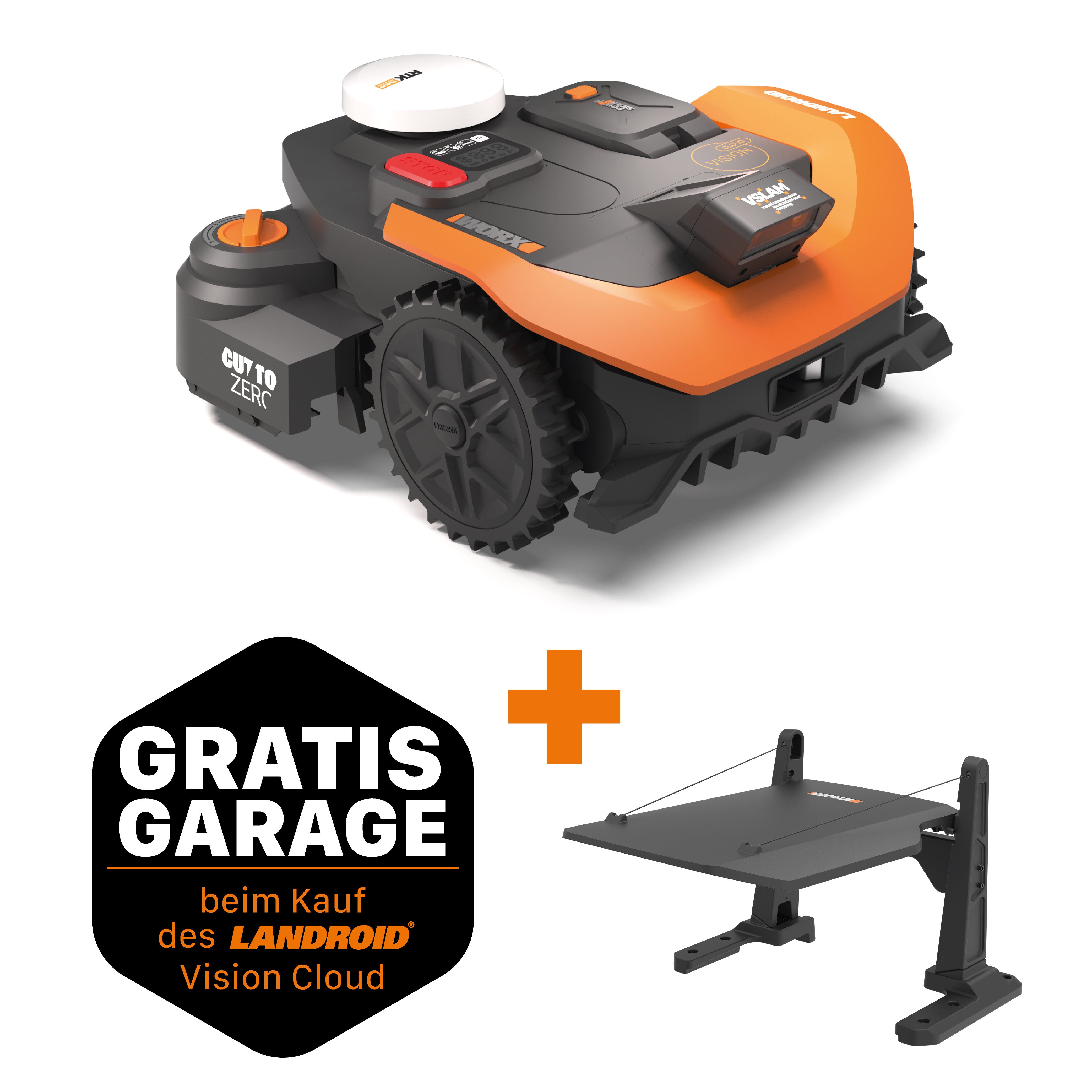 Worx Rasenmähroboter Landroid Vision Cloud WR312E 2WD ohne Begrenzungskabel, Auto-Mapping, bis 1200 m² Rasenfläche, (KI-Hinderniserkennung, VSLAM+ RTK Cloud Navigationg, Cut-to-Zero), App-Steuerung
