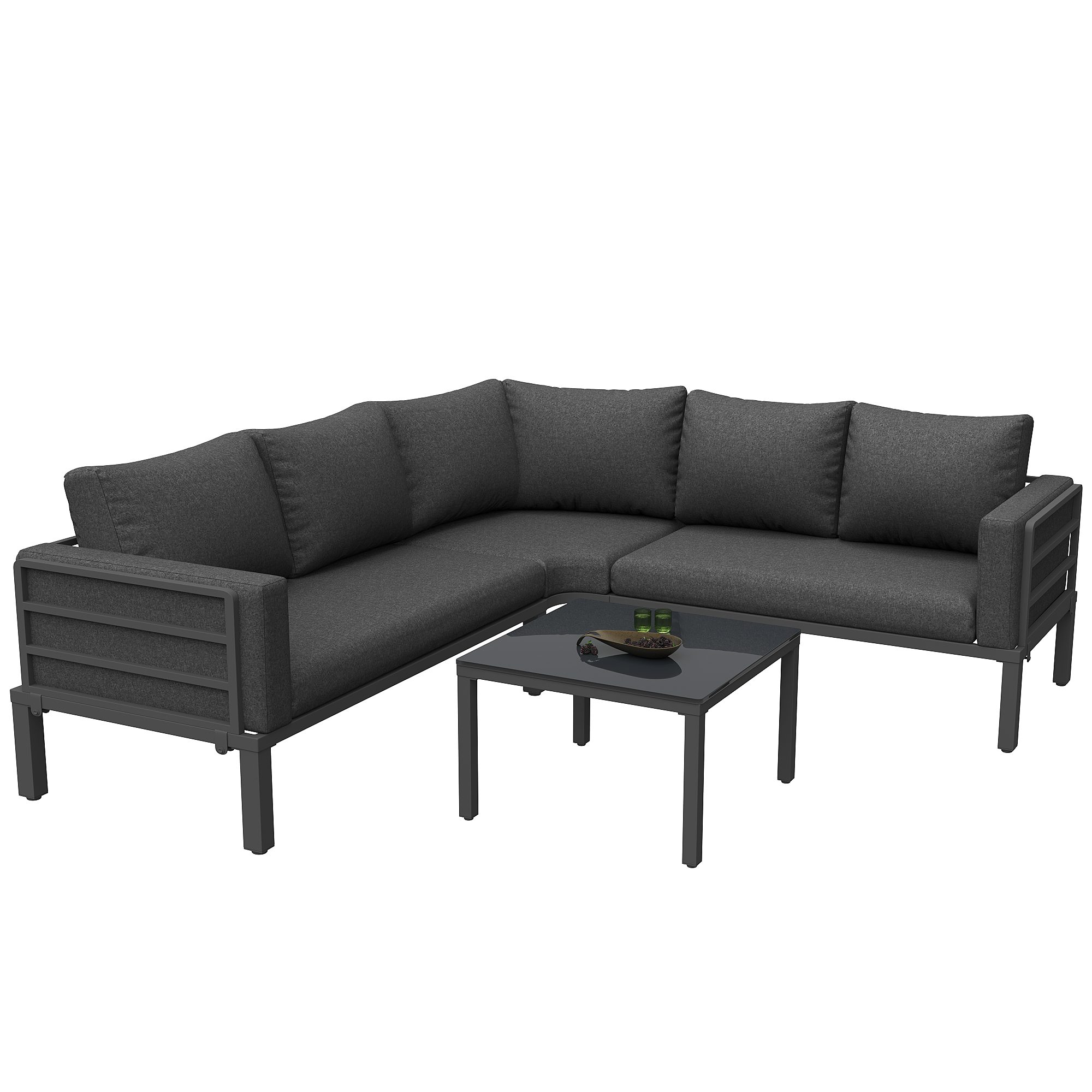 Flieks Gartenlounge-Set, 5-Sitzer Gartenmöbel Gartensofa mit Couchtisch aus gehärtetem Glas