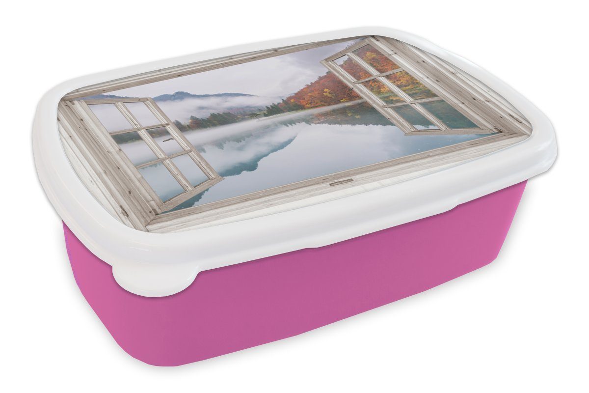 Herbst - Snackbox, MuchoWow Brotbox Brotdose Kinder, Kunststoff Wasser, (2-tlg), Lunchbox Aussicht Kunststoff, Erwachsene, rosa für Mädchen, -