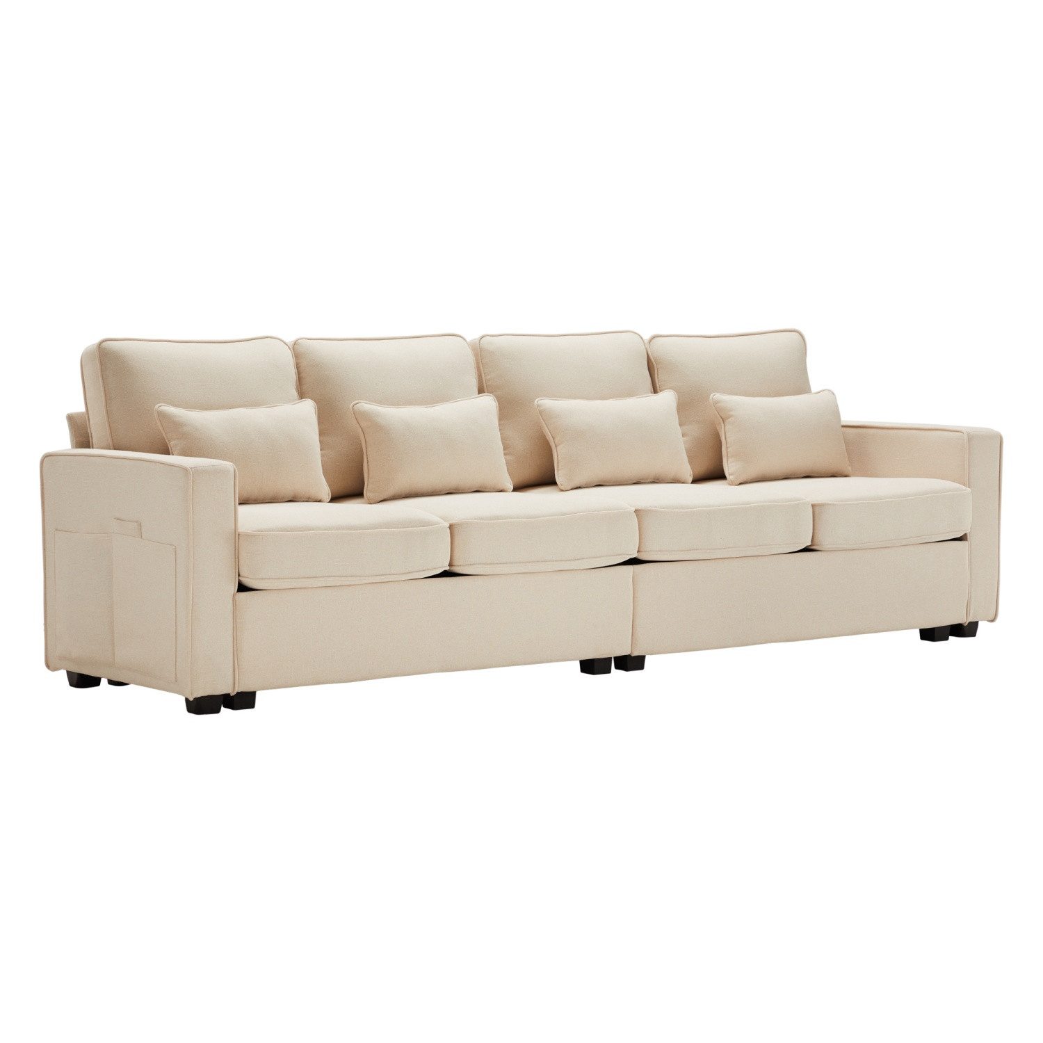 Fanttik Schlafsofa Sofa,Modernes 4-Sitzer-Sofa aus Leinenstoff,Viersitzer-Sofa, mit Armlehnentaschen und 4 Kissen, Schlafsofa, geeignet für Wohnzimmer, Wohnung, Büro