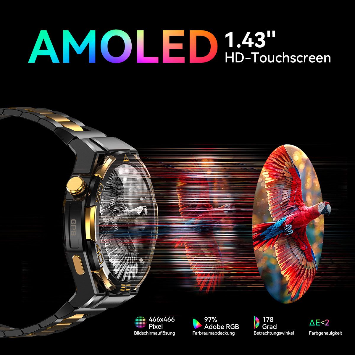 blackview W90 Pro 14K Gold, GPS, AMOLED, KI-Assistent, Business Herren Watch, 1.43", 900mAh, NFC, LED, Bluetooth, IP68