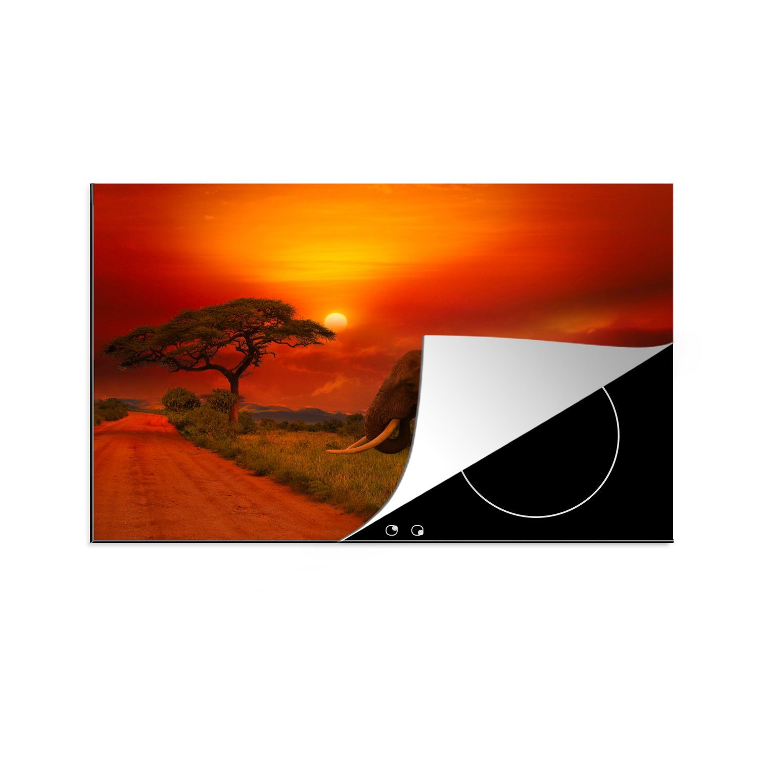 MuchoWow Herdblende-/Abdeckplatte Elefant - Sonnenuntergang - Orange - Savanne - Tiere, Vinyl, (1 tlg), 81x52 cm, Ceranfeldabdeckung, Arbeitsplatte für küche