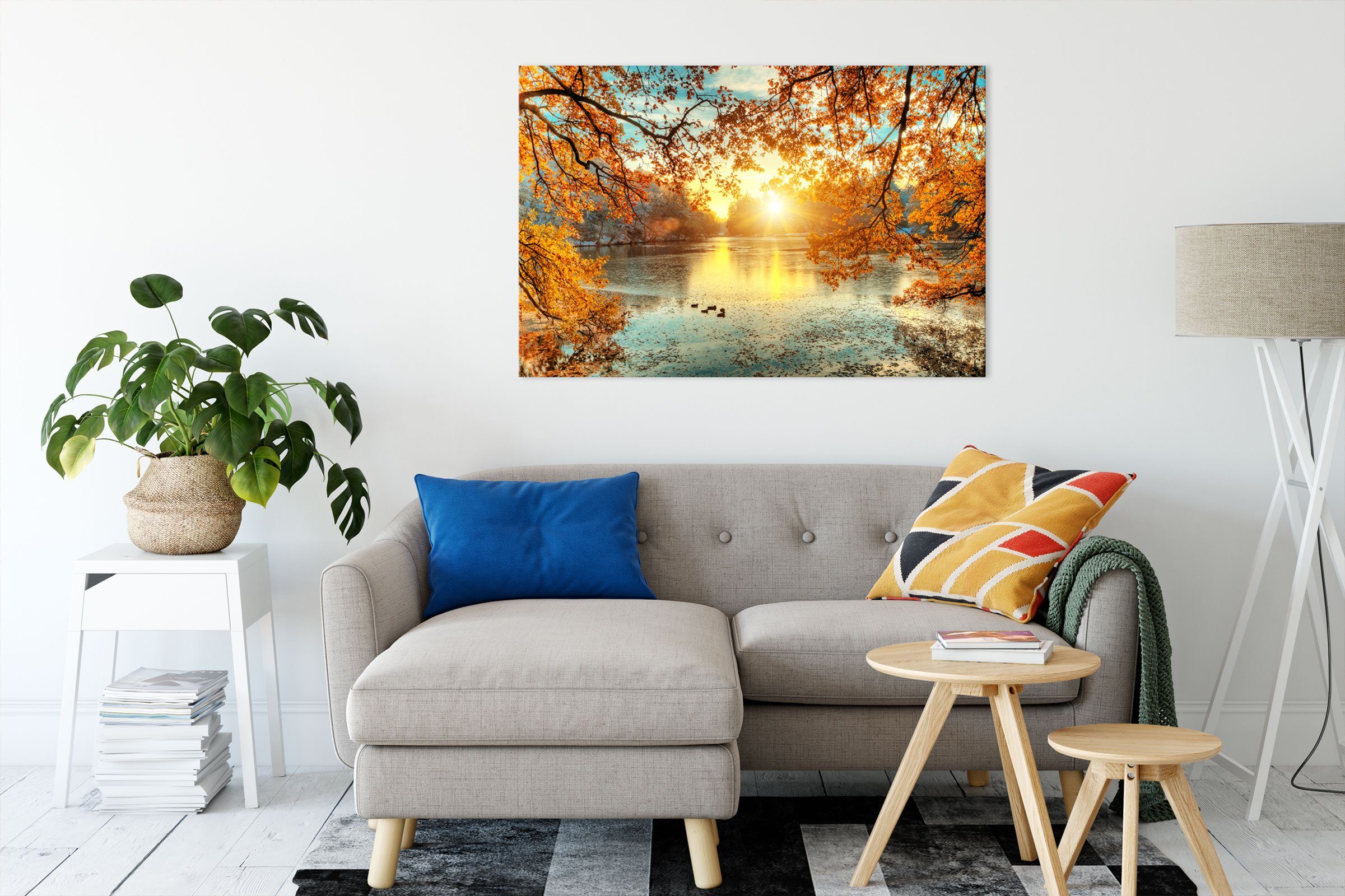 Pixxprint Leinwandbild Herbstbäume um See bei Sonnenuntergang, Herbstbäume günstig online kaufen