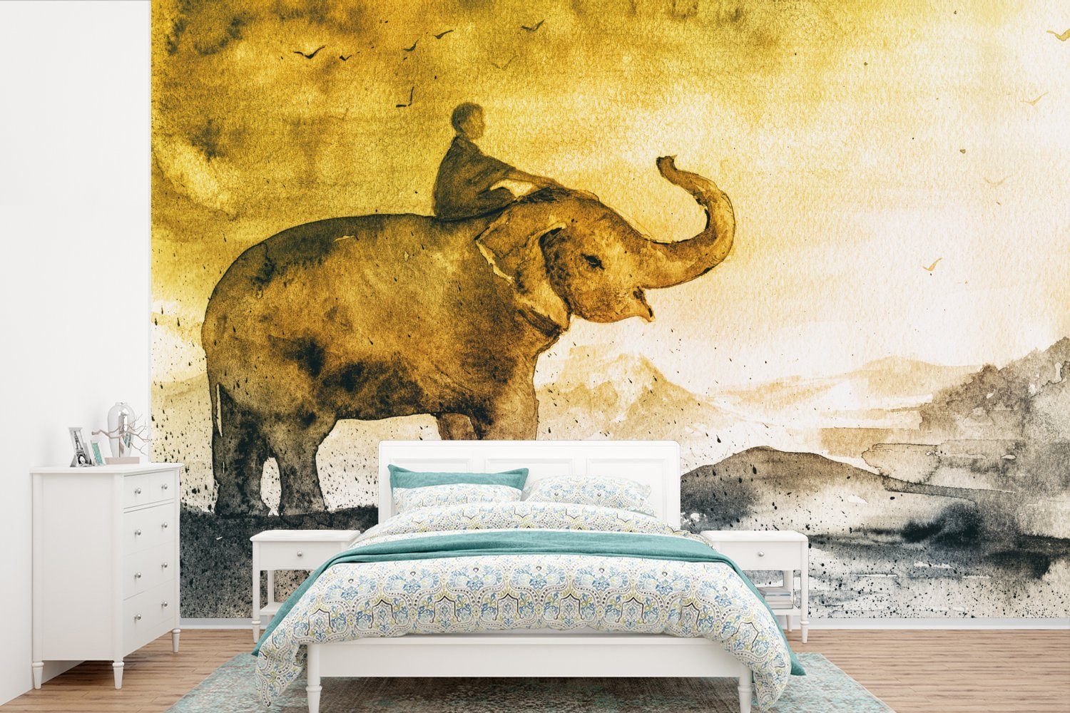 MuchoWow Fototapete Elefant - Kind - Berg - Aquarell, Matt, bedruckt, (6 St), Wallpaper für Wohnzimmer, Schlafzimmer, Kinderzimmer, Vinyl Tapete | Fototapeten