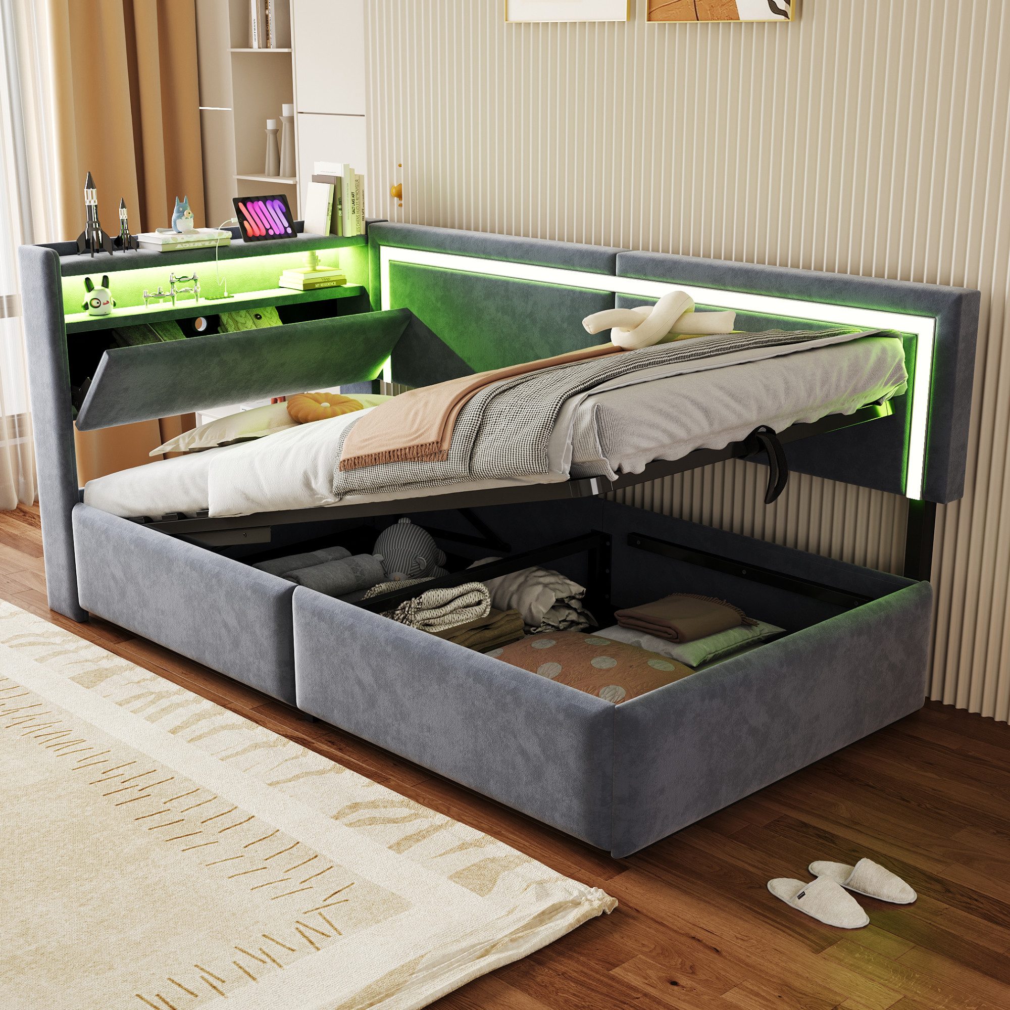 Odikalo Schlafsofa 90x200 Polsterbett mit Bettkasten oder Schubladen, mit LED, Mit LED-Beleuchtung und USB-Ladeanschlüssen. Kopfteil Lässt Sich Zum Verstauen öffnen. Hydraulisches Stauraumsystem unter Dem Bett, Samtstoff, Ohne Matratze