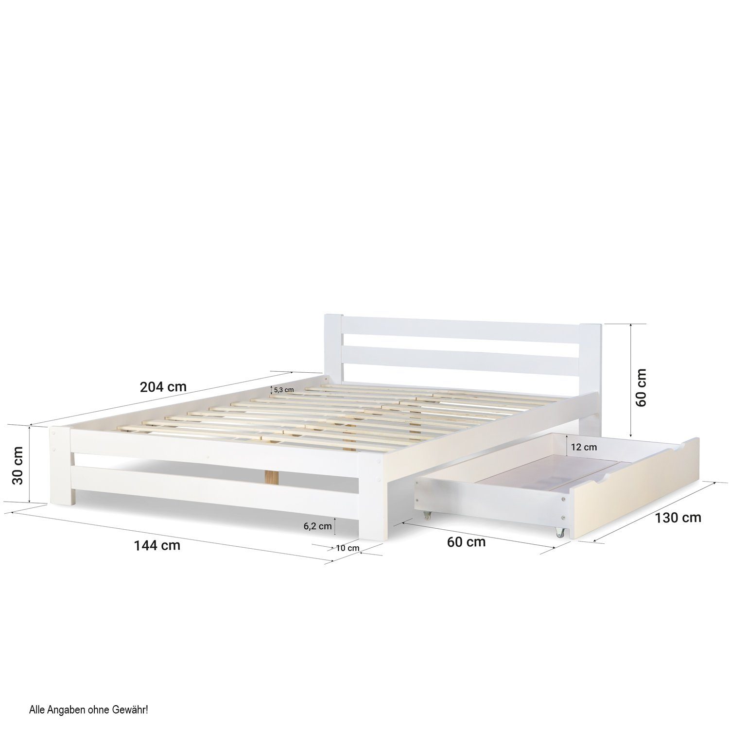 Homestyle4u Holzbett 140x200 Doppelbett Weiß Kiefer Holz mit Kopfteil (Set, mit Lattenrost, mit Bettkasten / Schublade), mit Stauraum (1x Bettkasten/Schublade), Stauraumbett