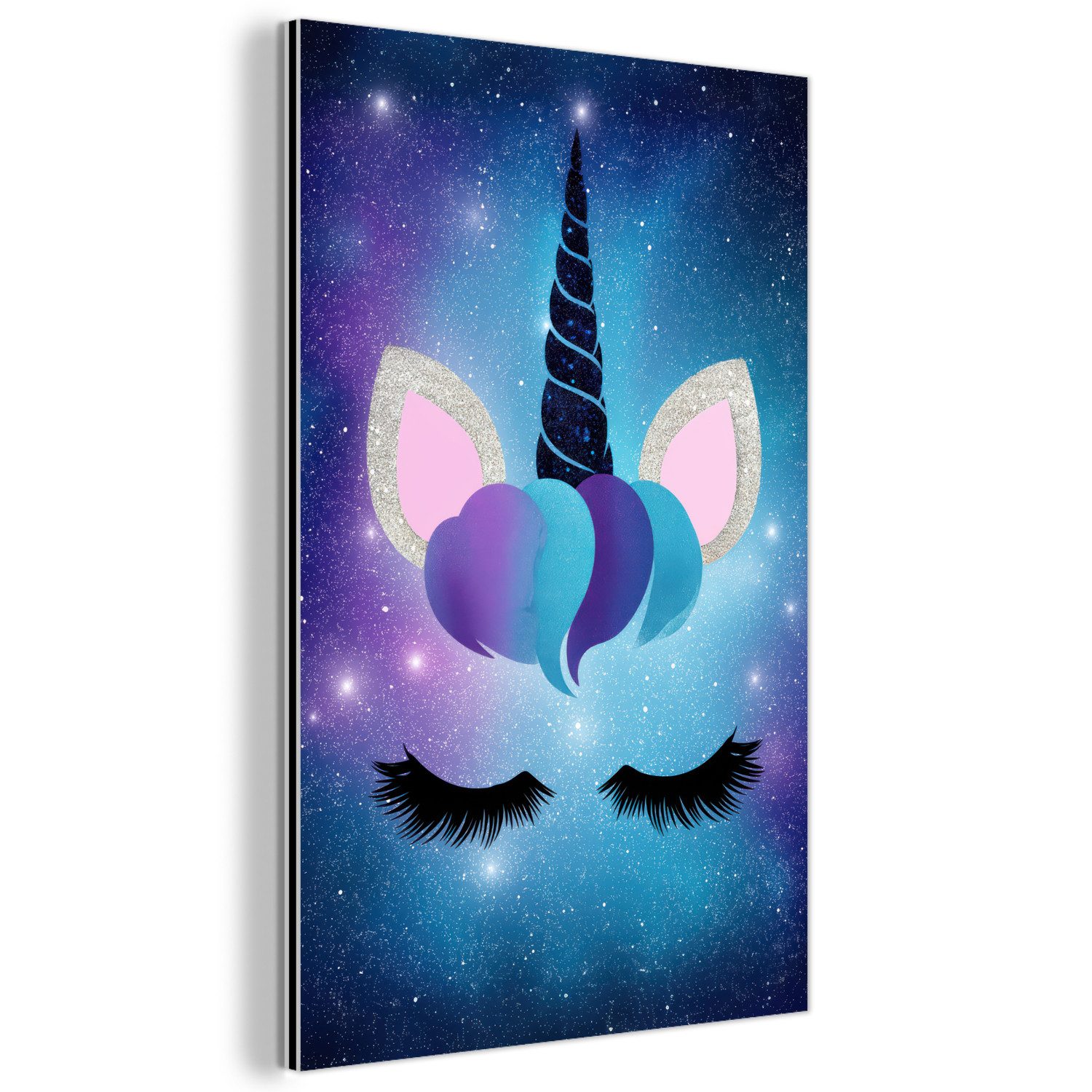 MuchoWow Metallbild Einhorn - Sterne - Magie - Blau, Inkl. Aufhängung, Alu-Dibond-Druck, Dekoration aus Metall, Aluminium deko, 80x120 cm