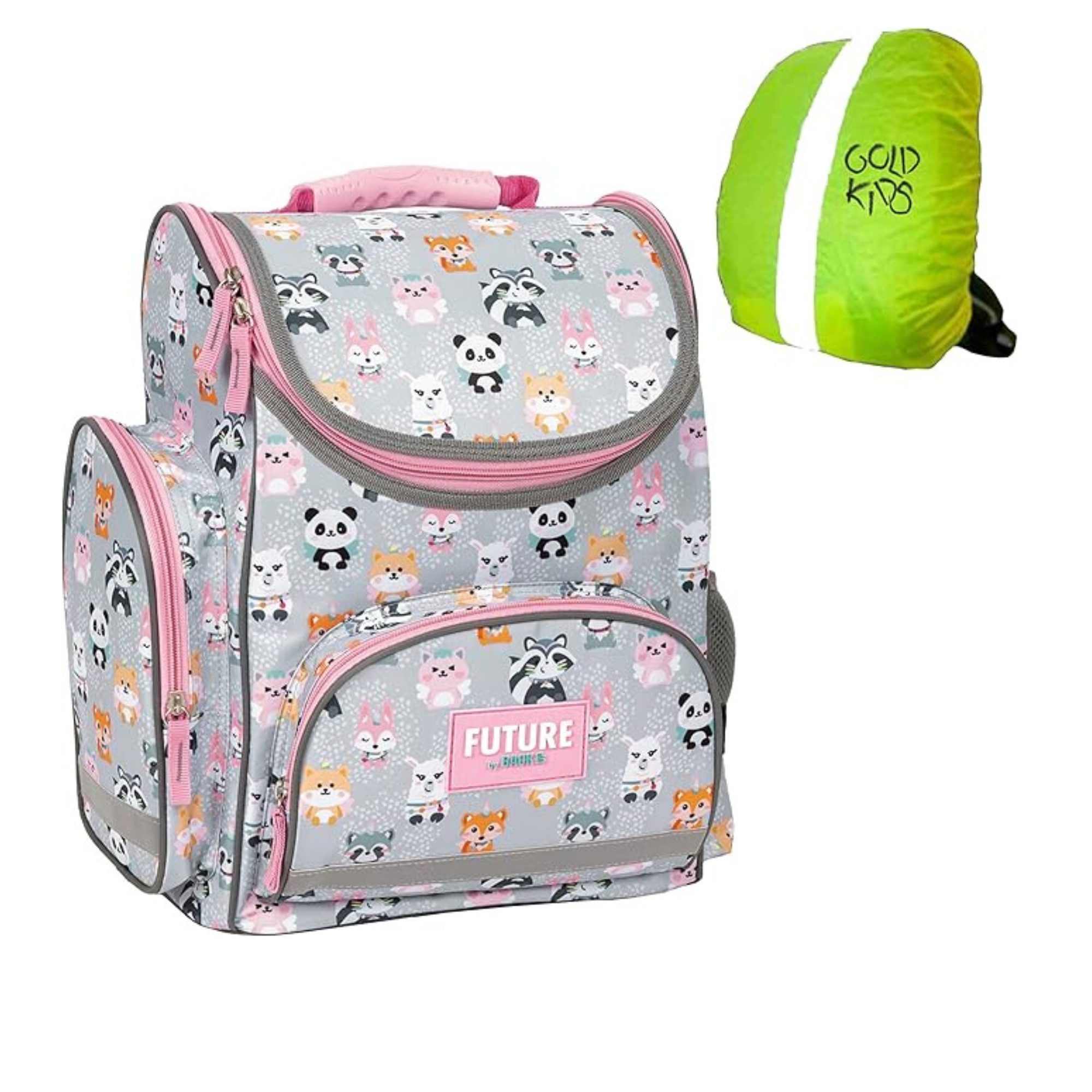 GOLDKIDS Schulranzen Ranzen rosa grau Tornister (Schulranzen mit Tierchen Motiv für Mädchen, 1-tlg., ab der 1. Klasse Grundschule ink), Regenschutz