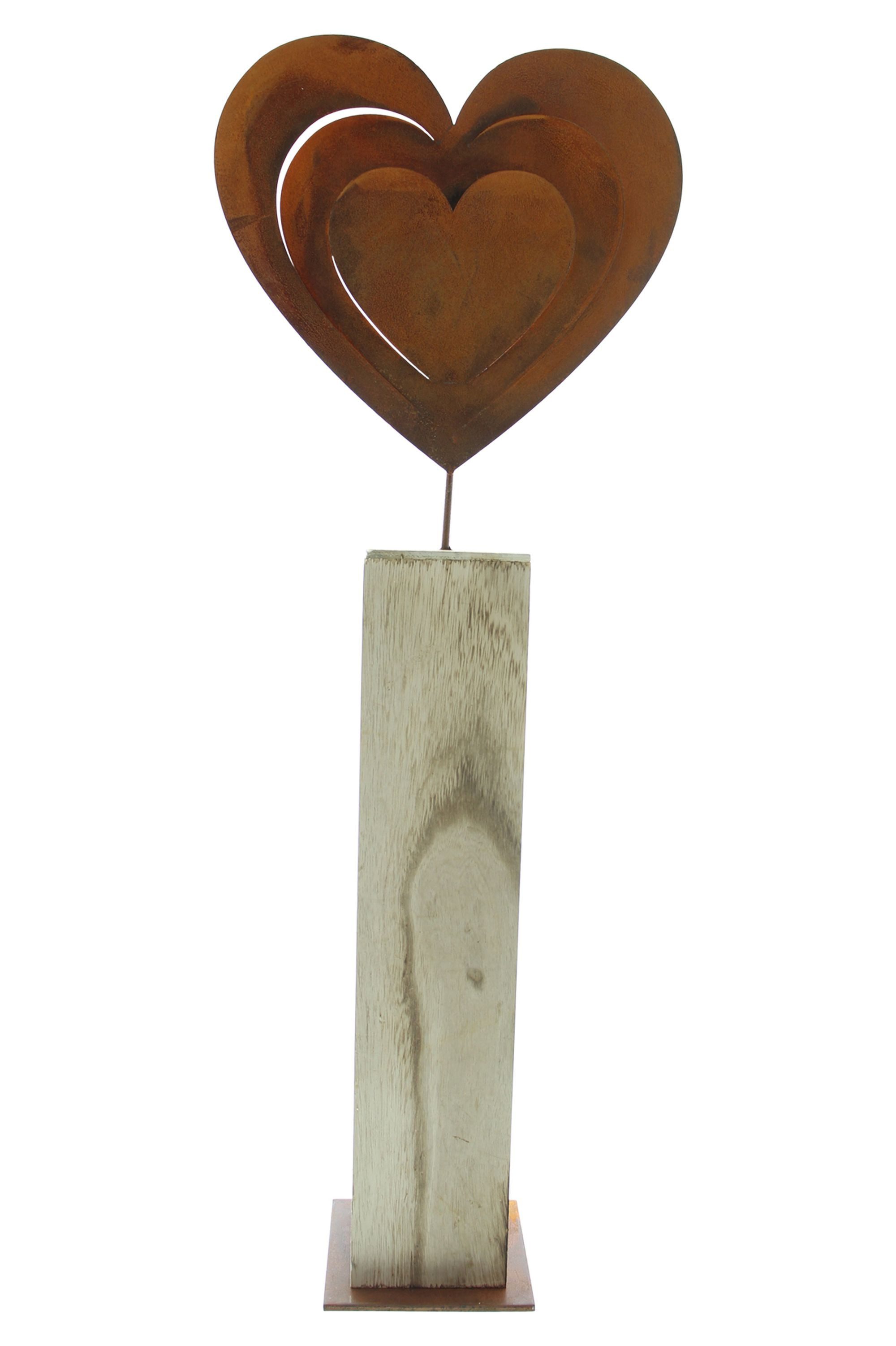 Dekoleidenschaft Dekosäule "Rostherz" aus Holz in Blockform, 72 cm hoch, Holzsäule mit großem Metalherz, Eingangsdeko, Holzdeko