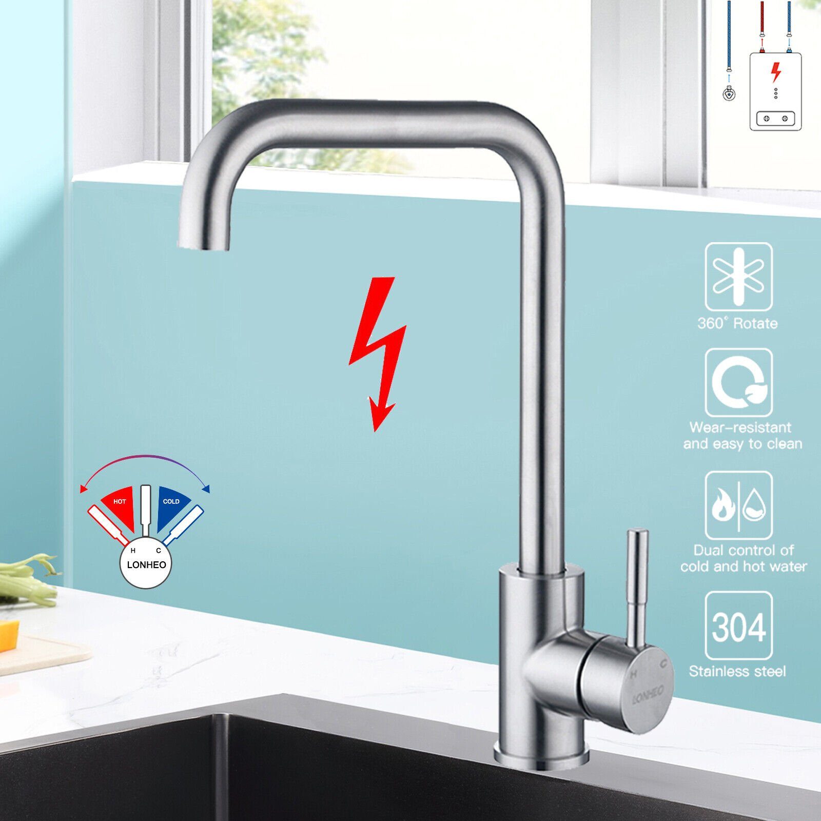 Lonheo Spültischarmatur 360° Niederdruck Küchenarmatur Wasserhahn Einhand  Mischbatterie mit 3 Anschlussschläuchen