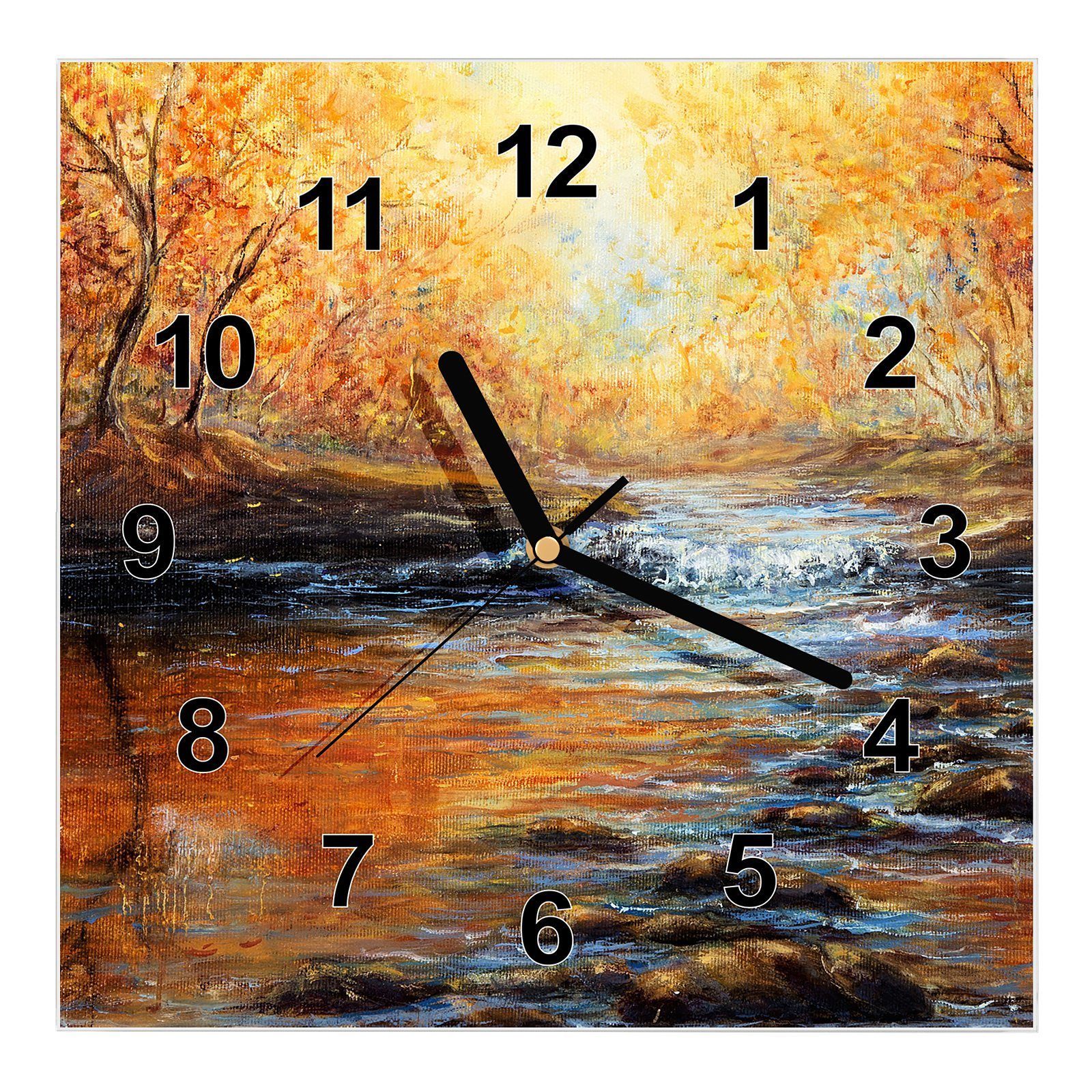 Primedeco Wanduhr Glasuhr Wanduhr Wandkunst Größe 30 x 30 cm mit Motiv Sonnenstrahlen im Wald