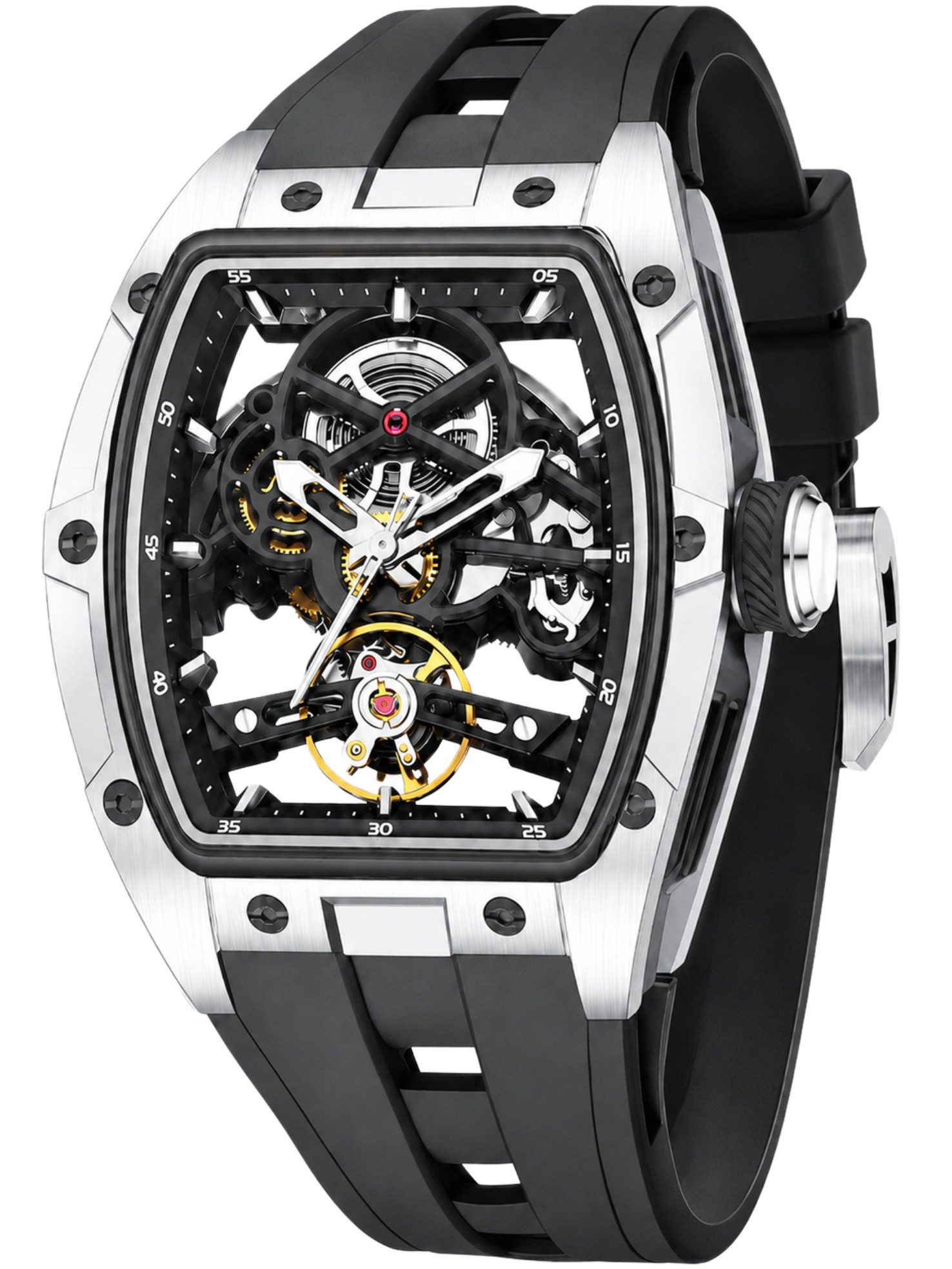 S&T Design Automatikuhr Armbanduhr Herren Uhr Edelstahl Silikon Skelett Skelleton, (inkl. Geschenkbox, Schnalle), Mechanisch 50M Wasserdicht Rechteckig