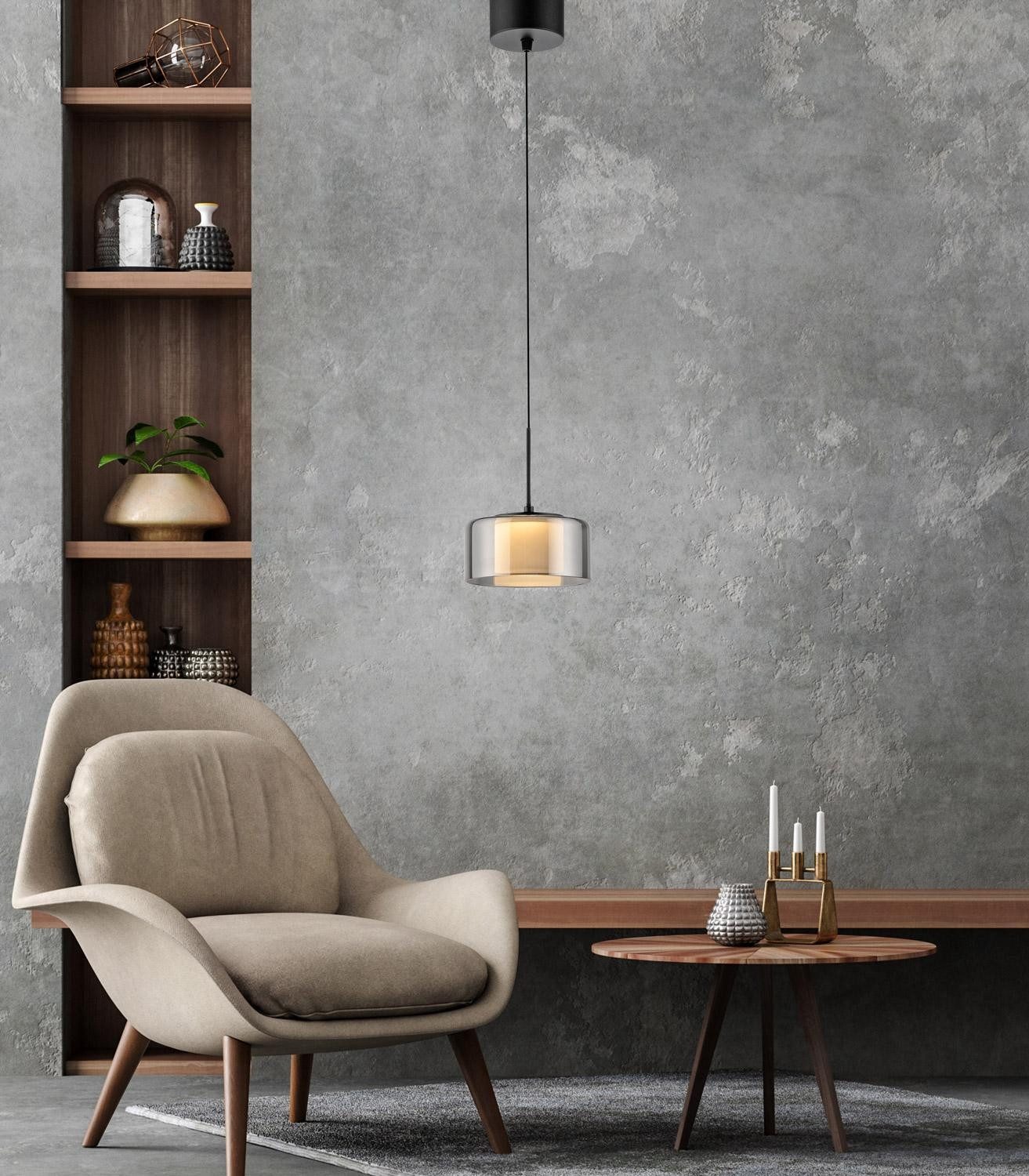 Paul Neuhaus LED Pendelleuchte RIKA, 1-flammig, Rauchfarben, Schwarz, Metall, Dimmfunktion, Memoryfunktion, LED fest integriert, Extra-Warmweiß, Lampenschirm aus Glas, Höhenverstellbar Ø 15 x H 180 cm