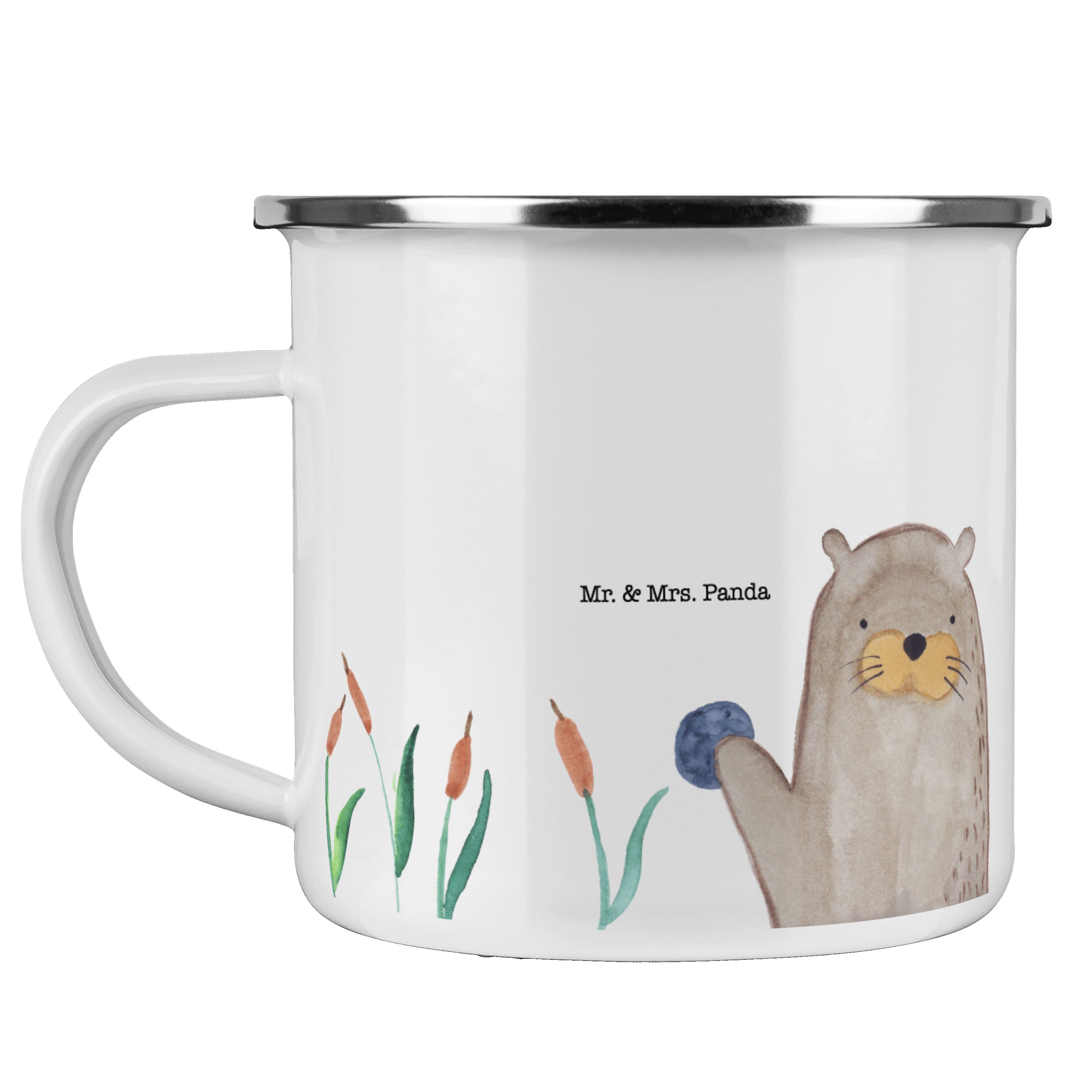 Mr. & Mrs. Panda Becher Otter mit Stein - Weiß - Geschenk, Kaffee Blechtasse, Trinkbecher, Fi, Emaille