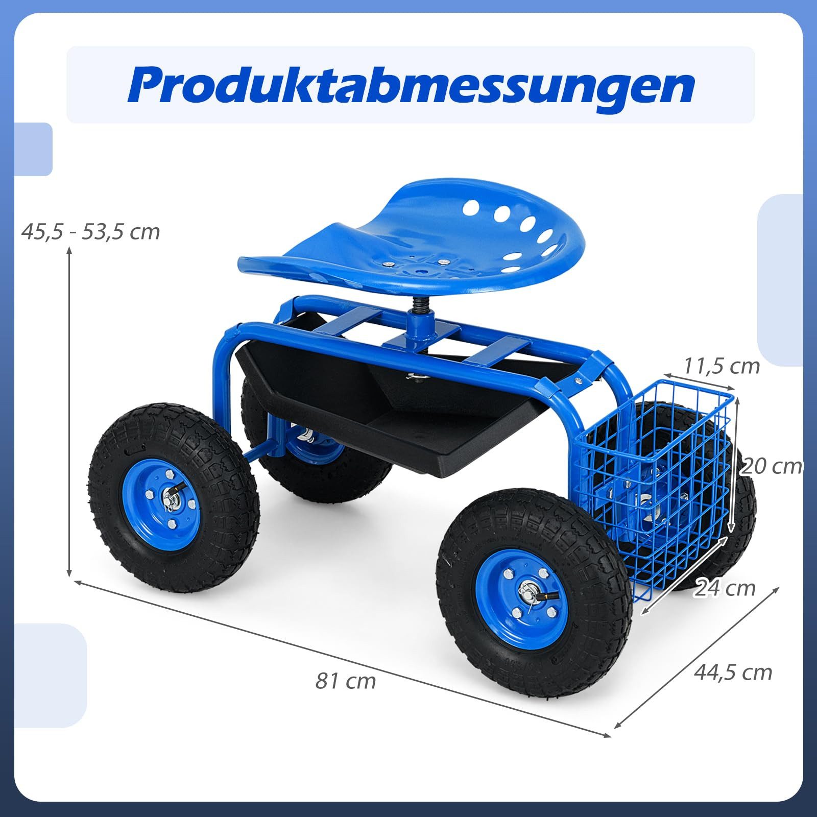 COSTWAY Rollsitz, 360 ° drehbar, höhenverstellbar, mit Ablage & Korb