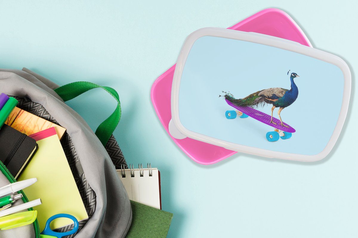 - Tiere - rosa - (2-tlg), Skateboard Kunststoff, Lustig, Kinder, Kunststoff Brotdose Lunchbox Erwachsene, Mädchen, Brotbox - Pfau Snackbox, für MuchoWow Blau