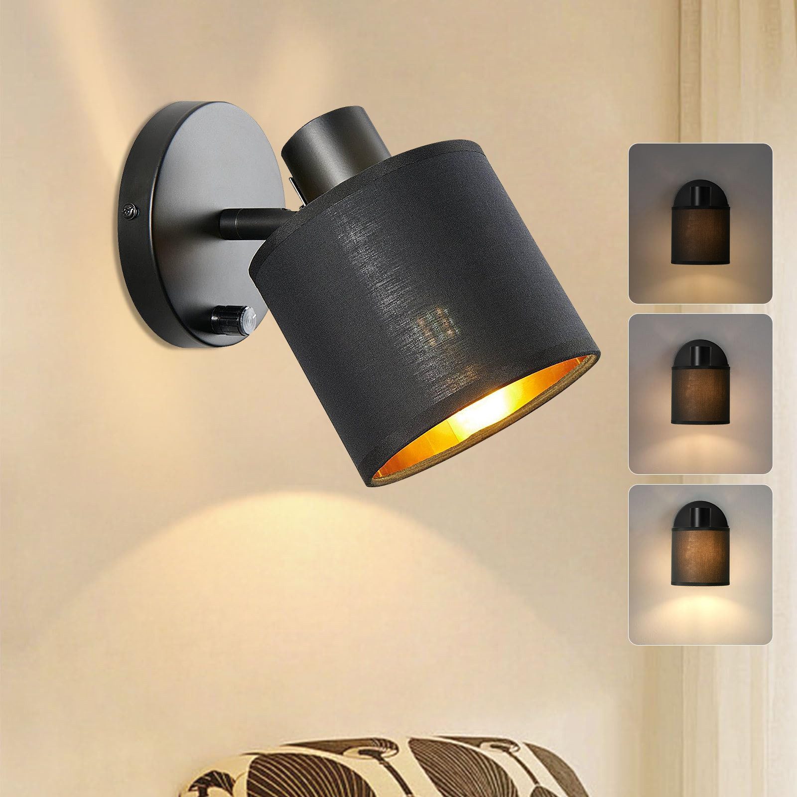 Sunicol LED Wandleuchte LED Wandlampe innen Schalter Dimmbar, Drehbare, mit Leinenschirm, LED wechselbar, Warmweiß, E27 Nachttischlampe für Schlafzimmer Flur Wohnzimmer