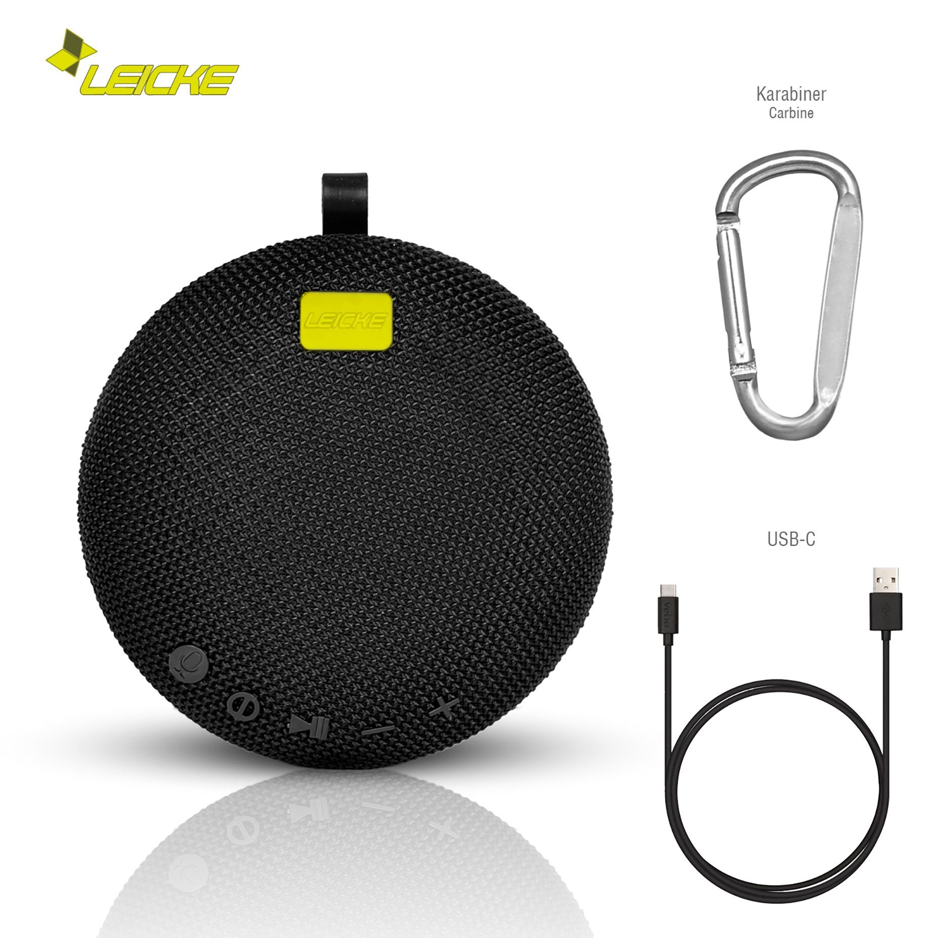 Leicke DJ Roxxx Round Clip Edition 2021 Bluetooth-Lautsprecher (Bluetooth, 5 W, Karabiner, Gummigehäuse, NFC-Pairing, staub- und spritzwassergeschützt)