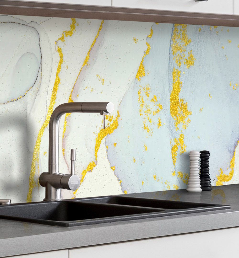 MyMaxxi Dekorationsfolie Küchenrückwand selbstklebend Marmor blau gold Spritzschutz Folie, (Klebefolie passend geschnitten und gerollt)