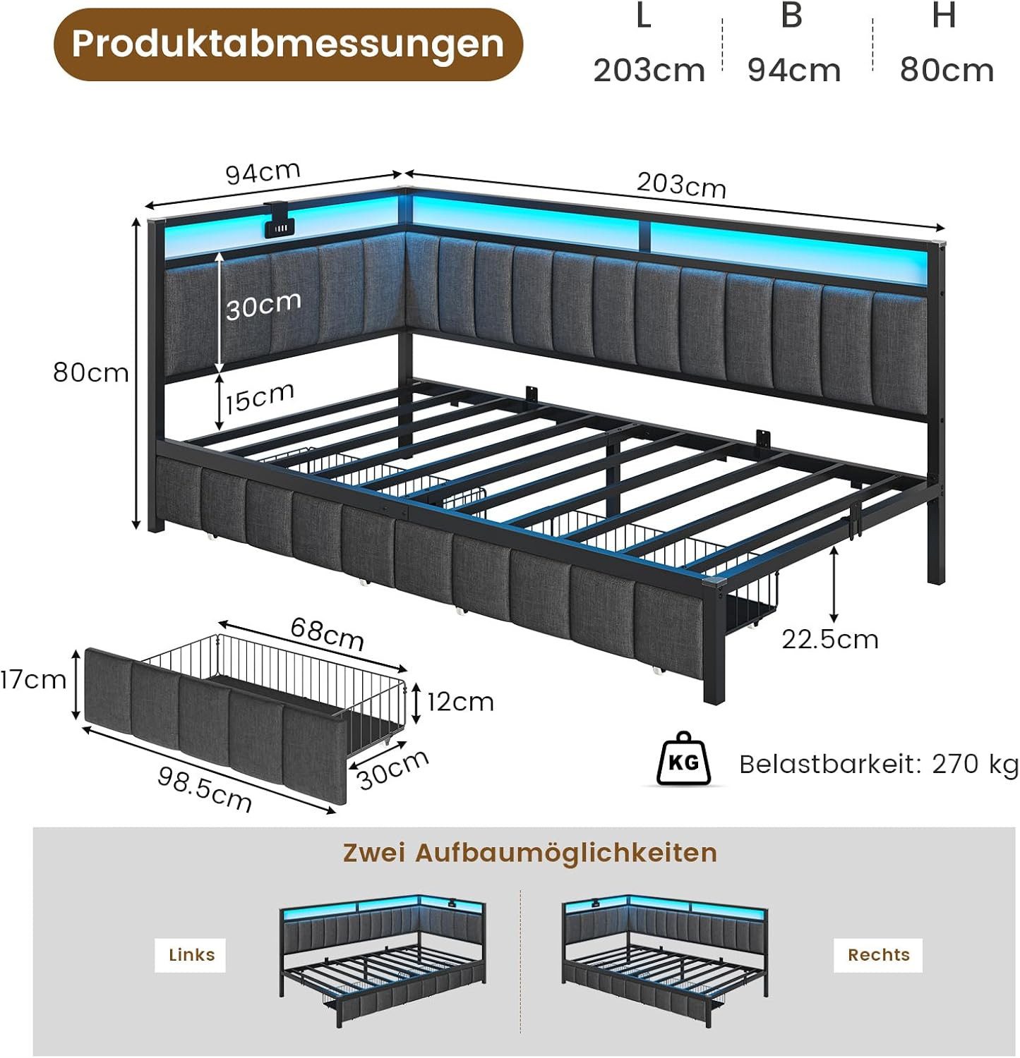 MSMASK Daybett mit LED-Beleuchtung & USB-Ladeanschlüssen, L-förmiges Schlafsofa, Kinderbett Jugendbett mit 2 Schubladen, 90 x 200 cm