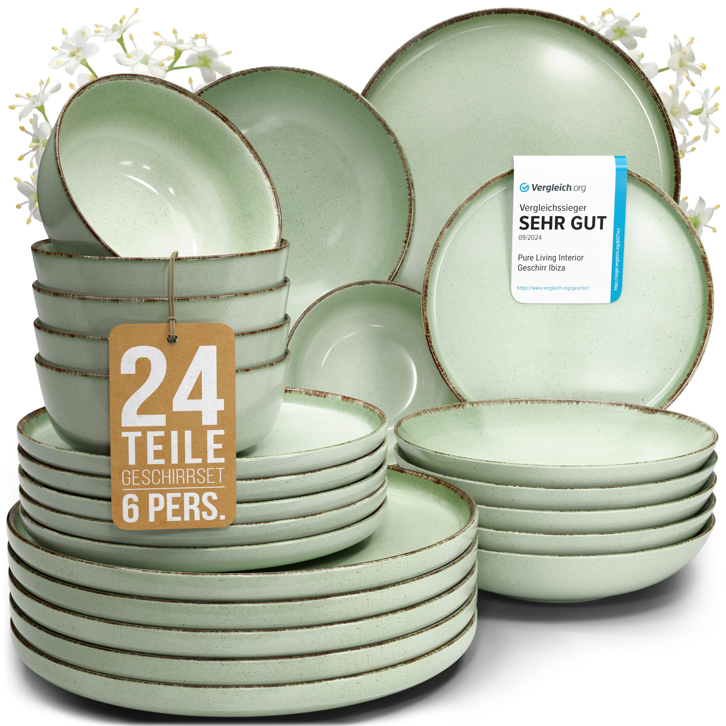 PURE LIVING INTERIOR DESIGN Geschirr-Set Rustic aus Steingut, 24-tlg., für 6 Personen, Mintgrün (24-tlg), 6 Personen, Steingut