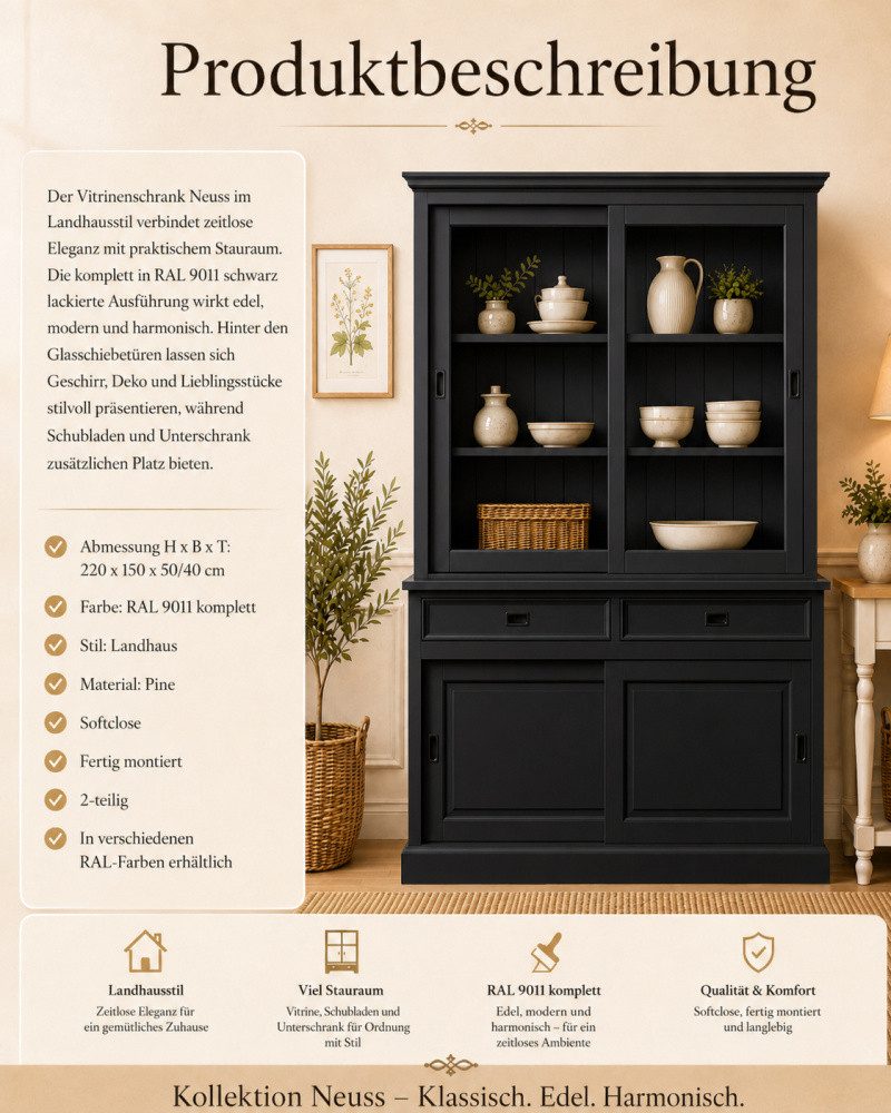 Wohnpalast Vitrine Landhaus Vitrinenschrank Neuss 150 cm Schwarz Buffetschrank