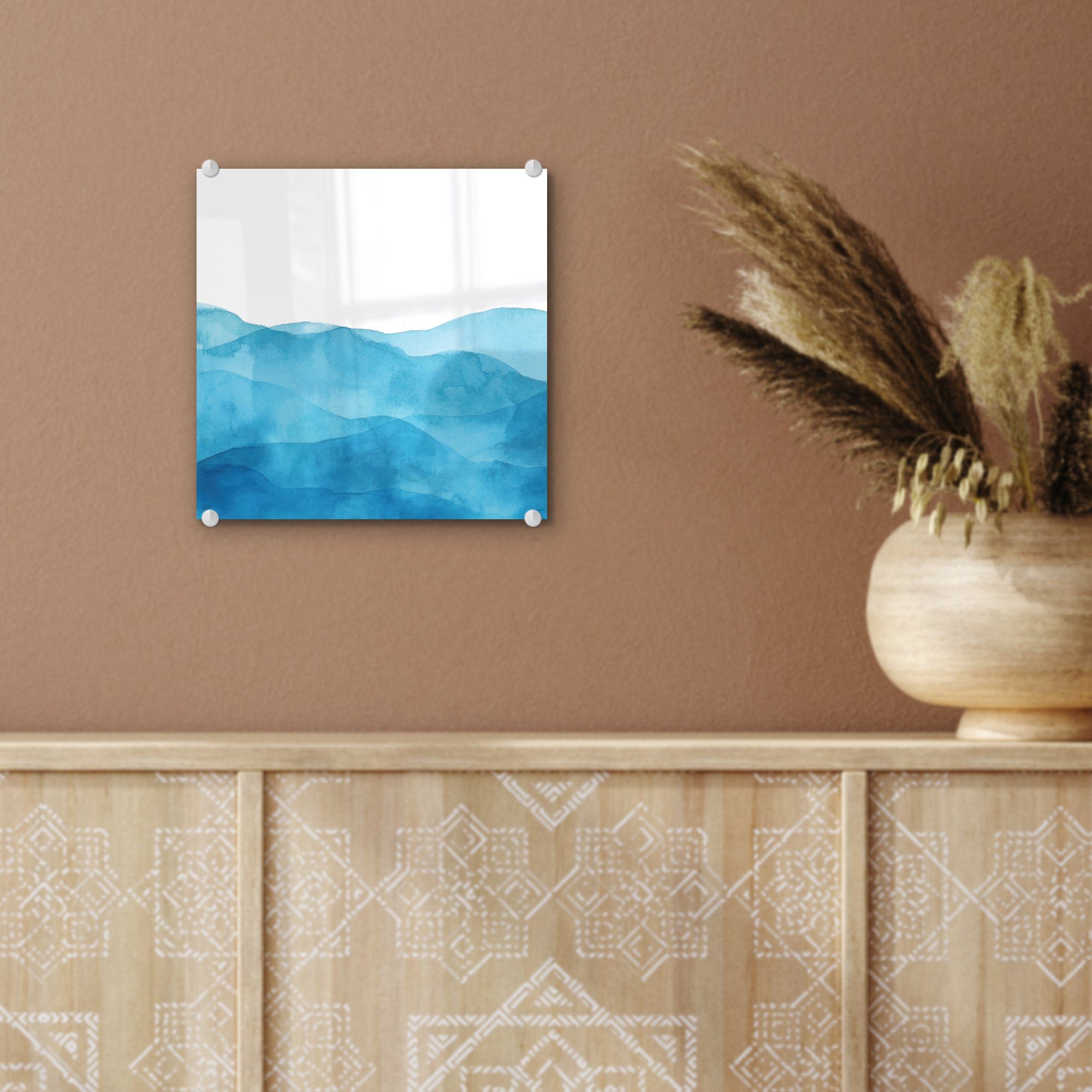 MuchoWow Glasbilder auf - Wandbild Glas Meer Aquarell, Glas Acrylglasbild (1 - St), Bilder - - Foto - Wanddekoration auf Wellen