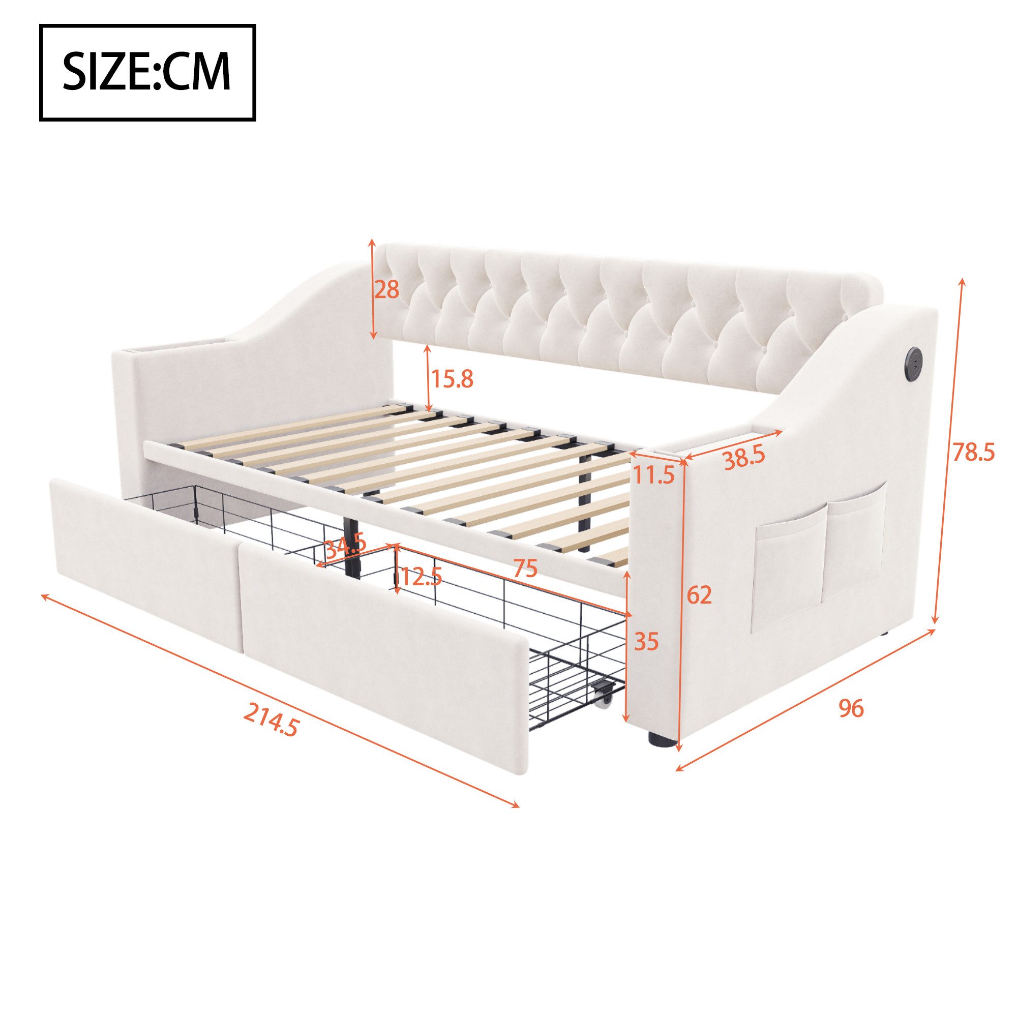 Celya Polsterbett Schlafsofa mit USB und Stauraum (90 x190 cm, mit 2 Schubladen, Integrierte Ablage in den Armlehnen, Mit Ablagetaschen, Samtstoff) – Bild 2 von 5