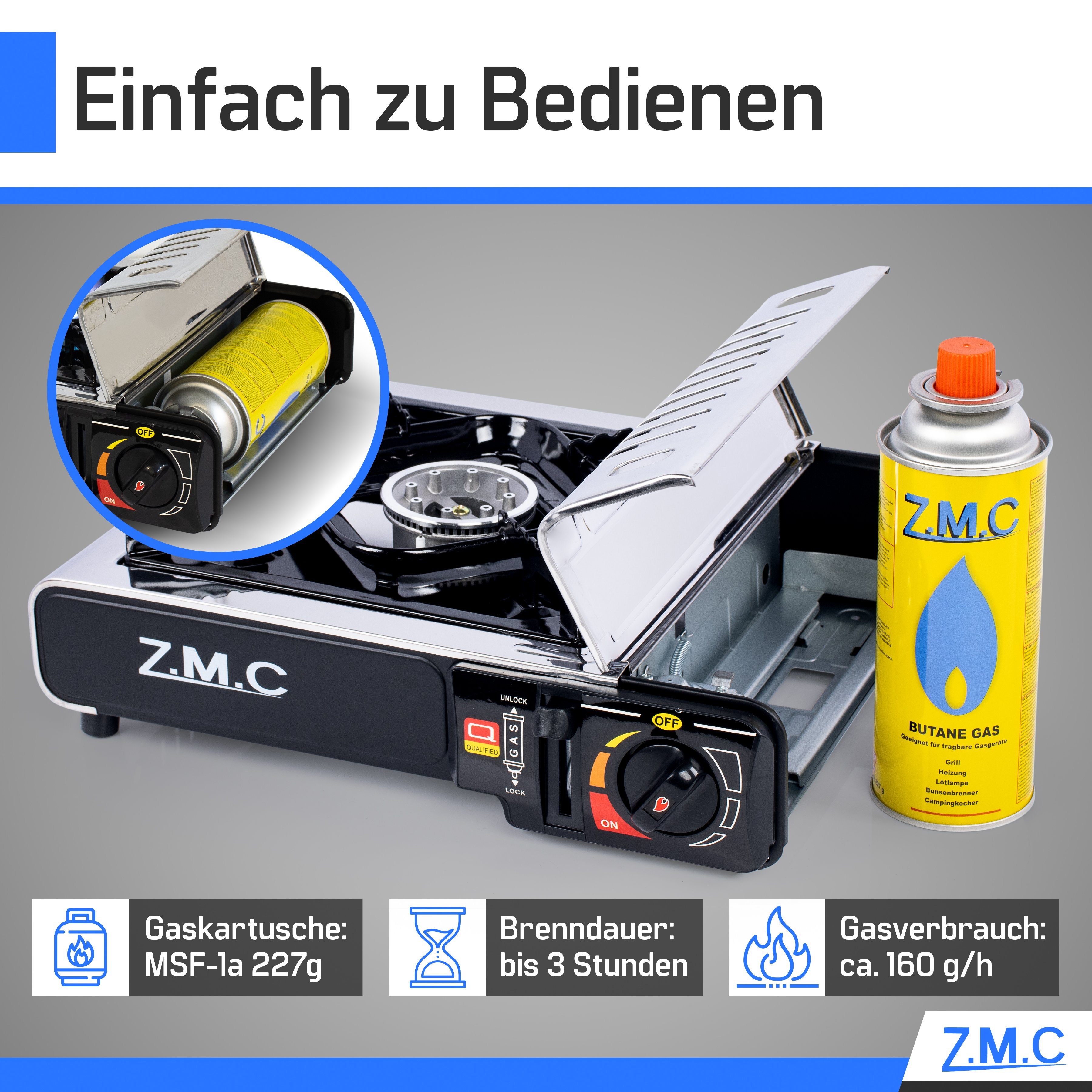 ZMC Gaskocher Edelstahl Gaskocher 1-flammig + Aufbewahrungskoffer + Gaskartuschen, (Butangas Campingkocher für Innenraum/Outdoor, Campinggaskocher 2,2 kW mit Pi – Bild 4 von 5