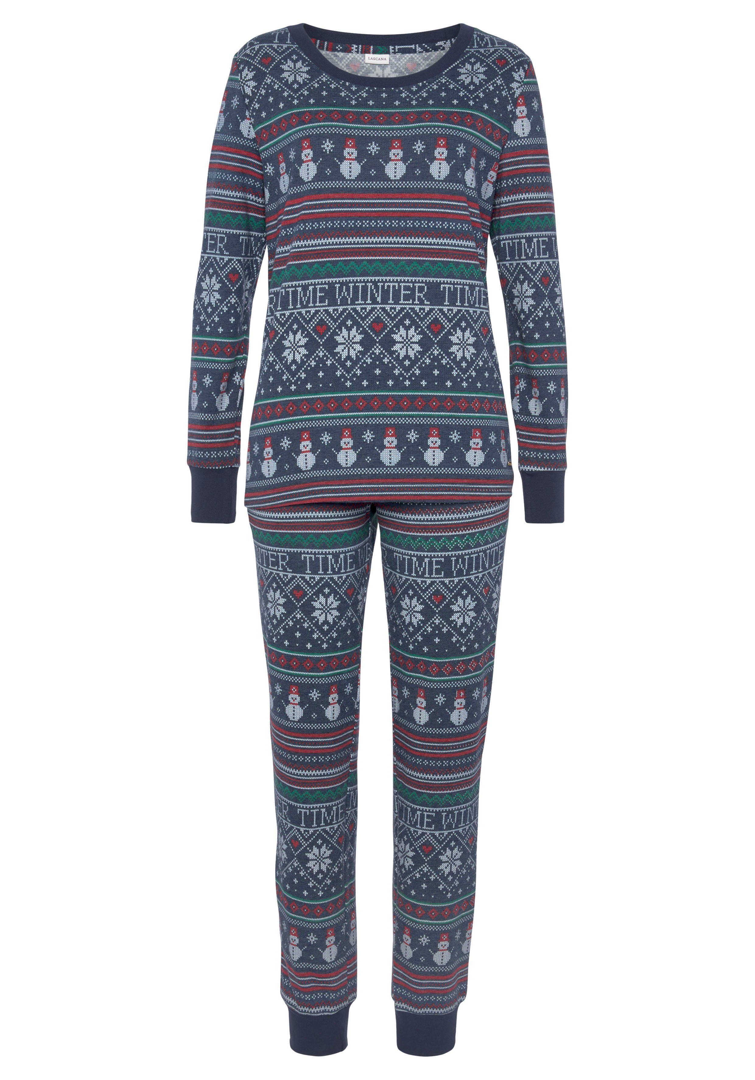 Druck dunkelblau gemustert LASCANA mit tlg) winterlichem Pyjama (2