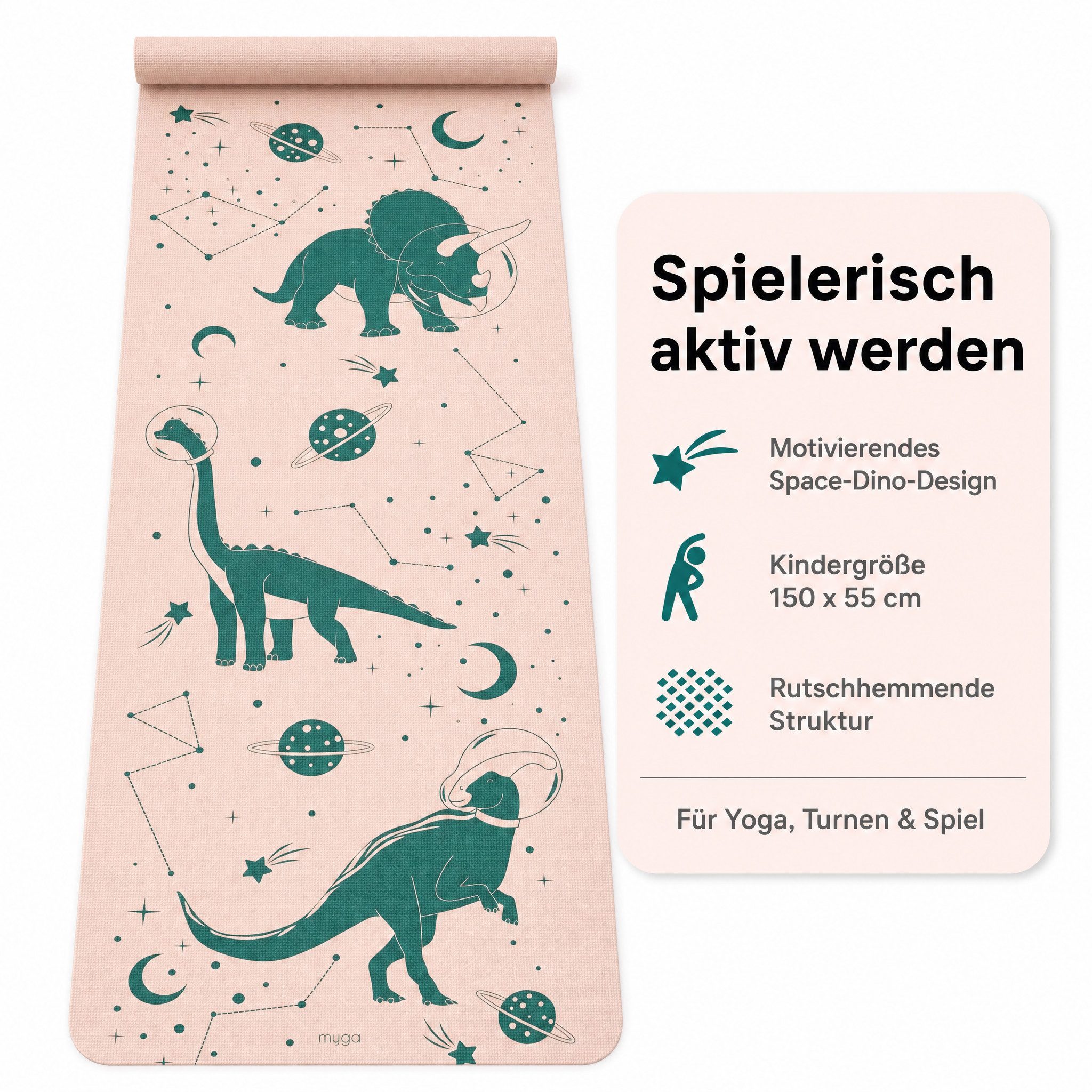 LK Trend & Style Yogamatte Kinder-Yogamatte (mit ansprechendem Dinosaurier- und Weltraummotiv., Gymnastik, Turnen, Pilates, Fitness), 3mm Stärke – Bild 2 von 5