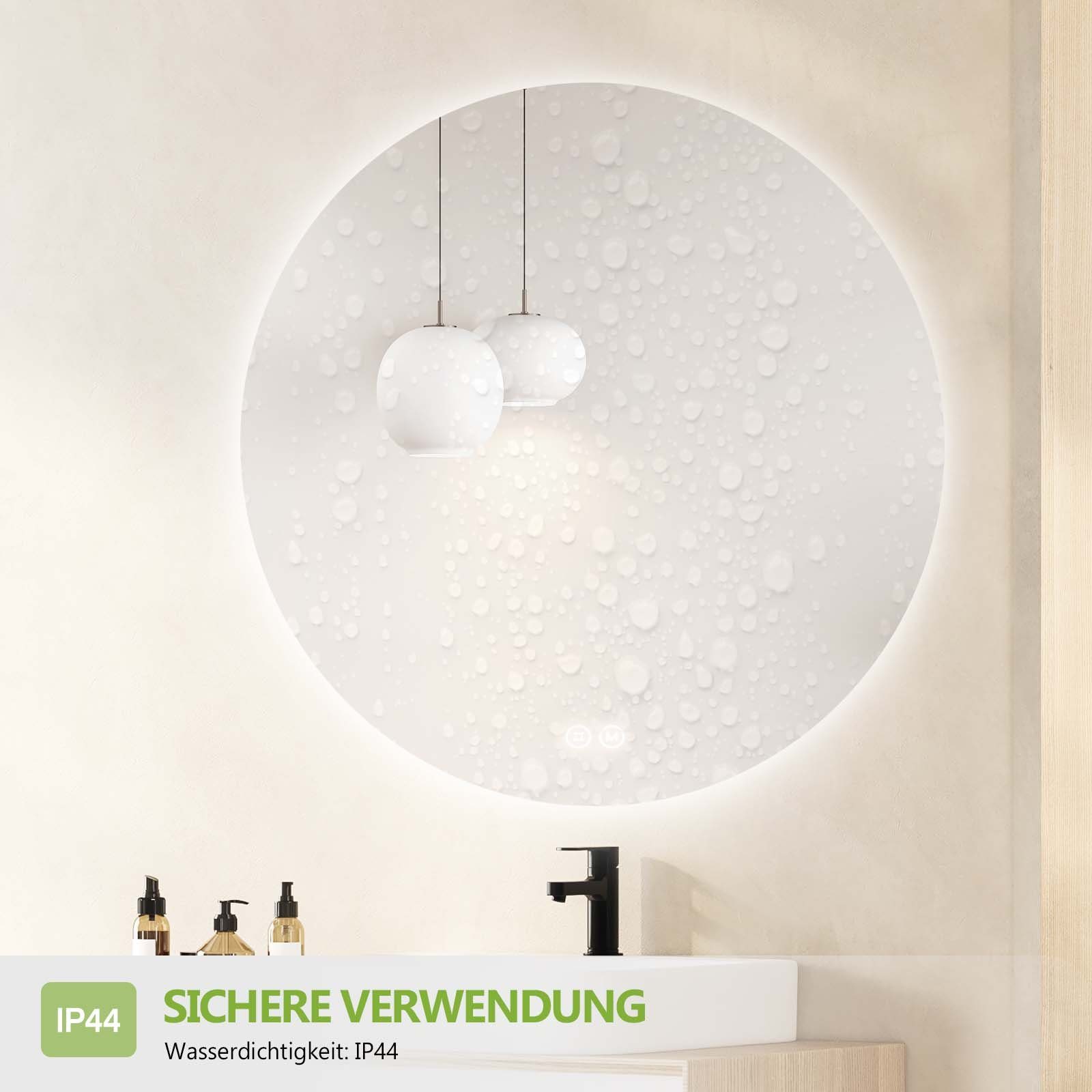 S'AFIELINA Badspiegel Runder Wandspiegel mit Helligkeit, cm,Touch-Schalter,3000/4000/6500K 3 Dimmbar,Energiesparend Lichtfarbe Einstellbare 50 Lichtfarbe