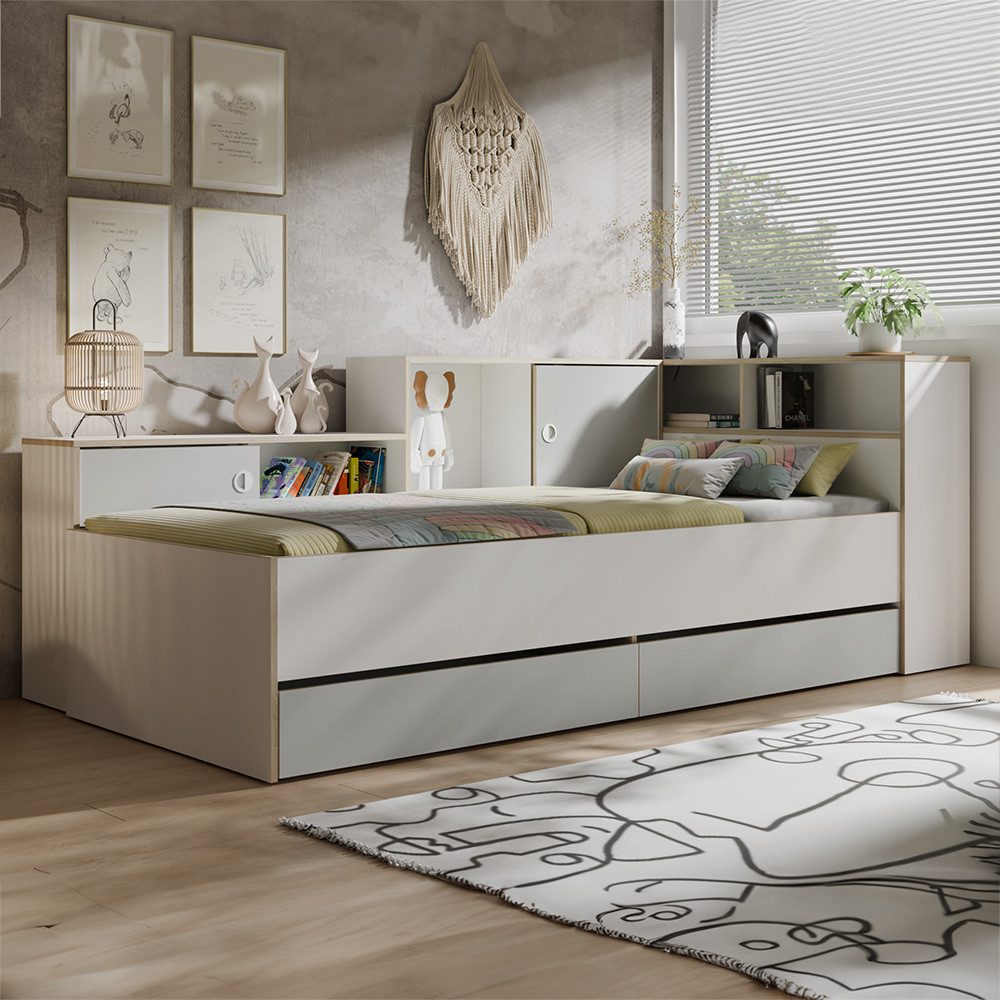Lomadox Kinderbett POZZALLO-166, 90x200 cm Liegefläche, Grau mit Weiß, Stauraum