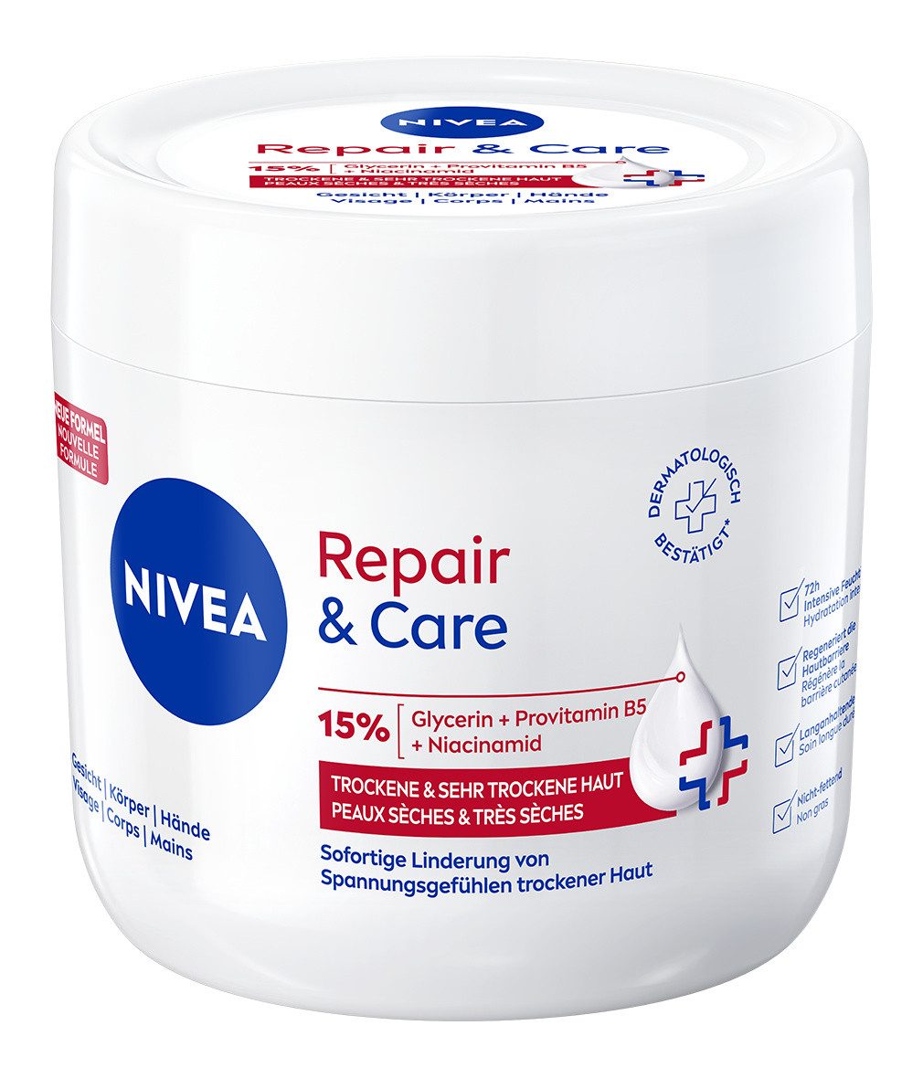 Nivea Körpercreme Repair & Care Creme 2 x 400 ml 72h Feuchtigkeit, 2-tlg., Ohne Paraffine, Silikone