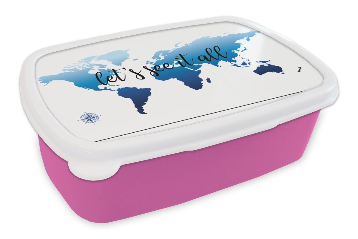 MuchoWow Lunchbox Weltkarte - Blau - Kompass, Kunststoff, (2-tlg), Brotbox für Erwachsene, Brotdose Kinder, Snackbox, Mädchen, Kunststoff rosa