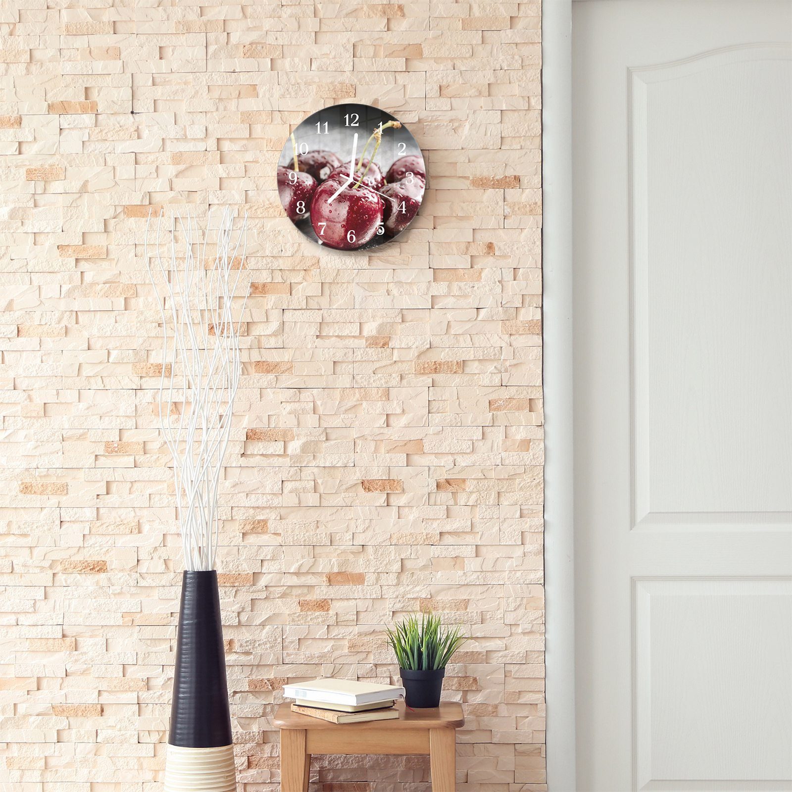 30 cm - Quarzuhrwerk Wanduhr Motiv mit Primedeco Durchmesser mit mit Wassertropfen Kirschen aus Glas Wanduhr und Rund