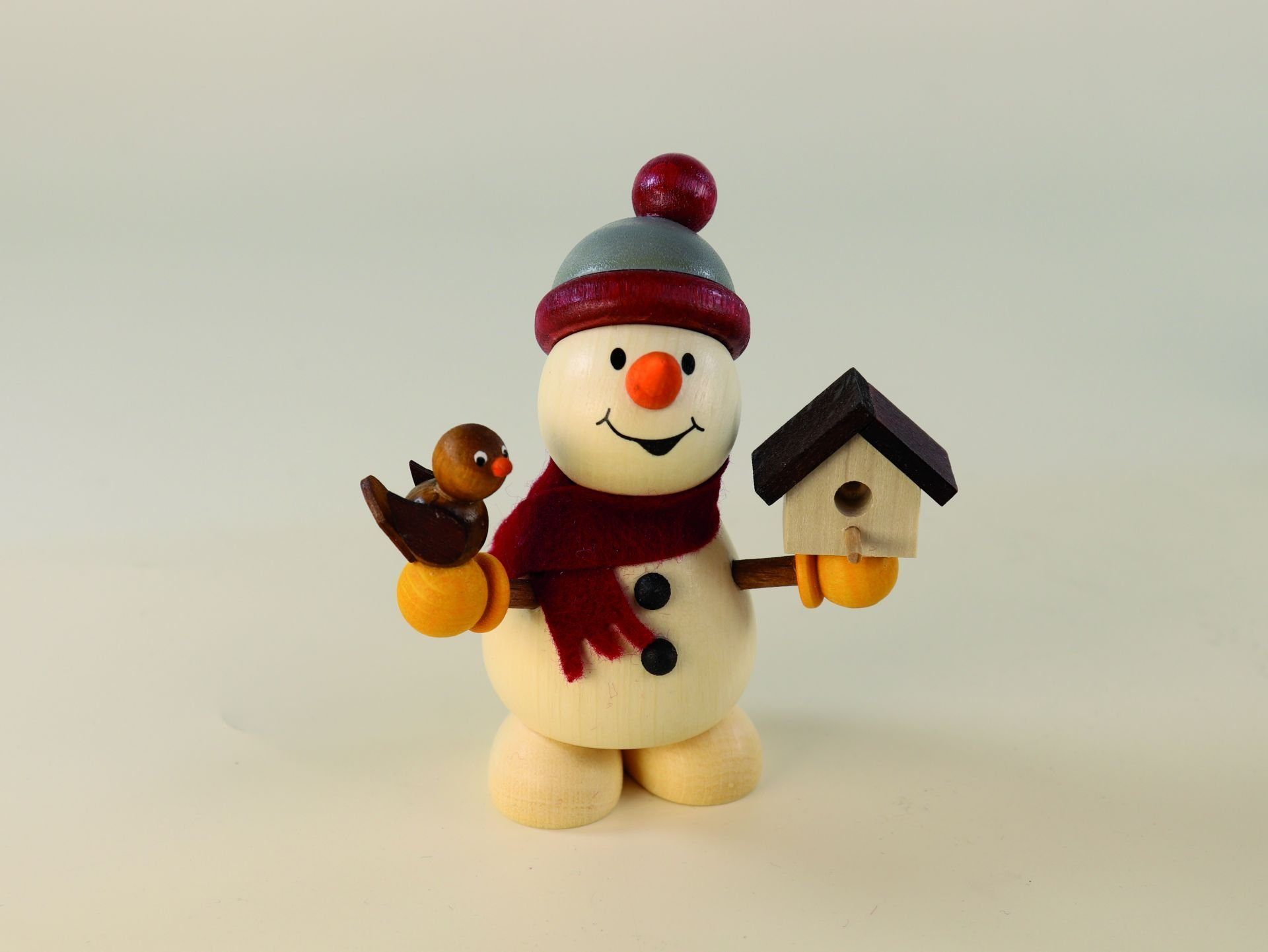 Ullrich Kunsthandwerk Schneemann Holzfigur Schneemann mit Vogel BxH 8,2x9,3cm NEU