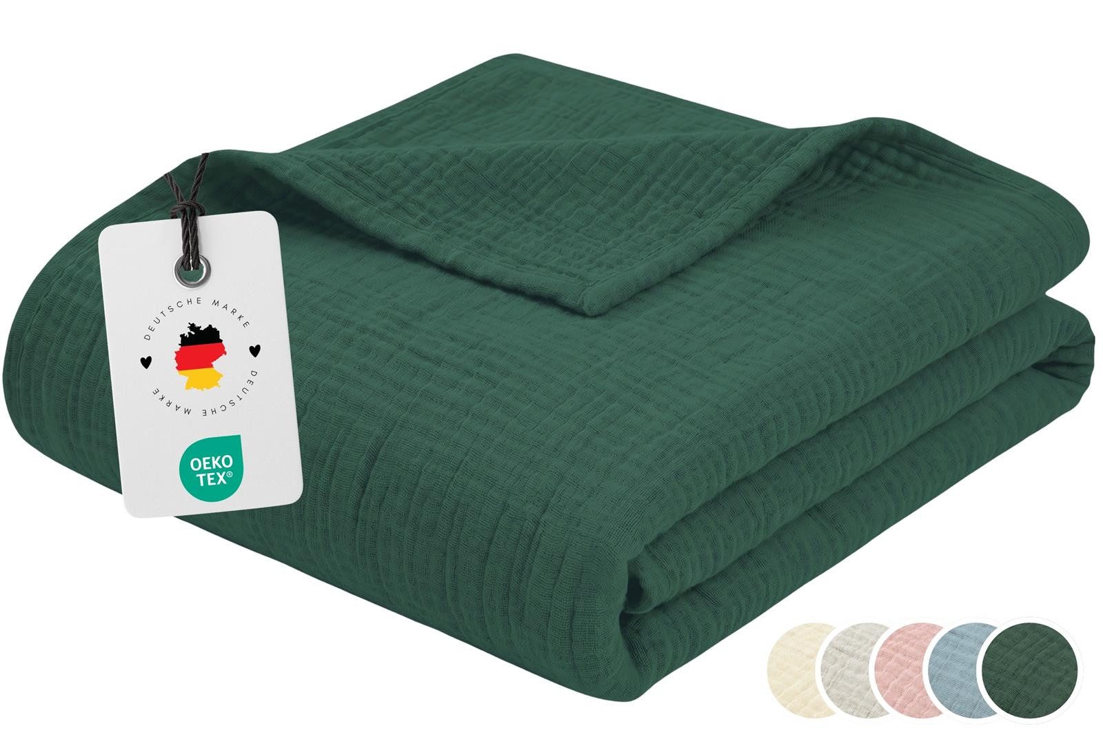 Wohndecke Musselin Decke 150 x 200 100% Baumwolle Kuscheldecke Tagesdecke Plaid, Carpe Sonno, Leichte Musselindecke für Sofa Couch Wohnzimmer Bett - Grün