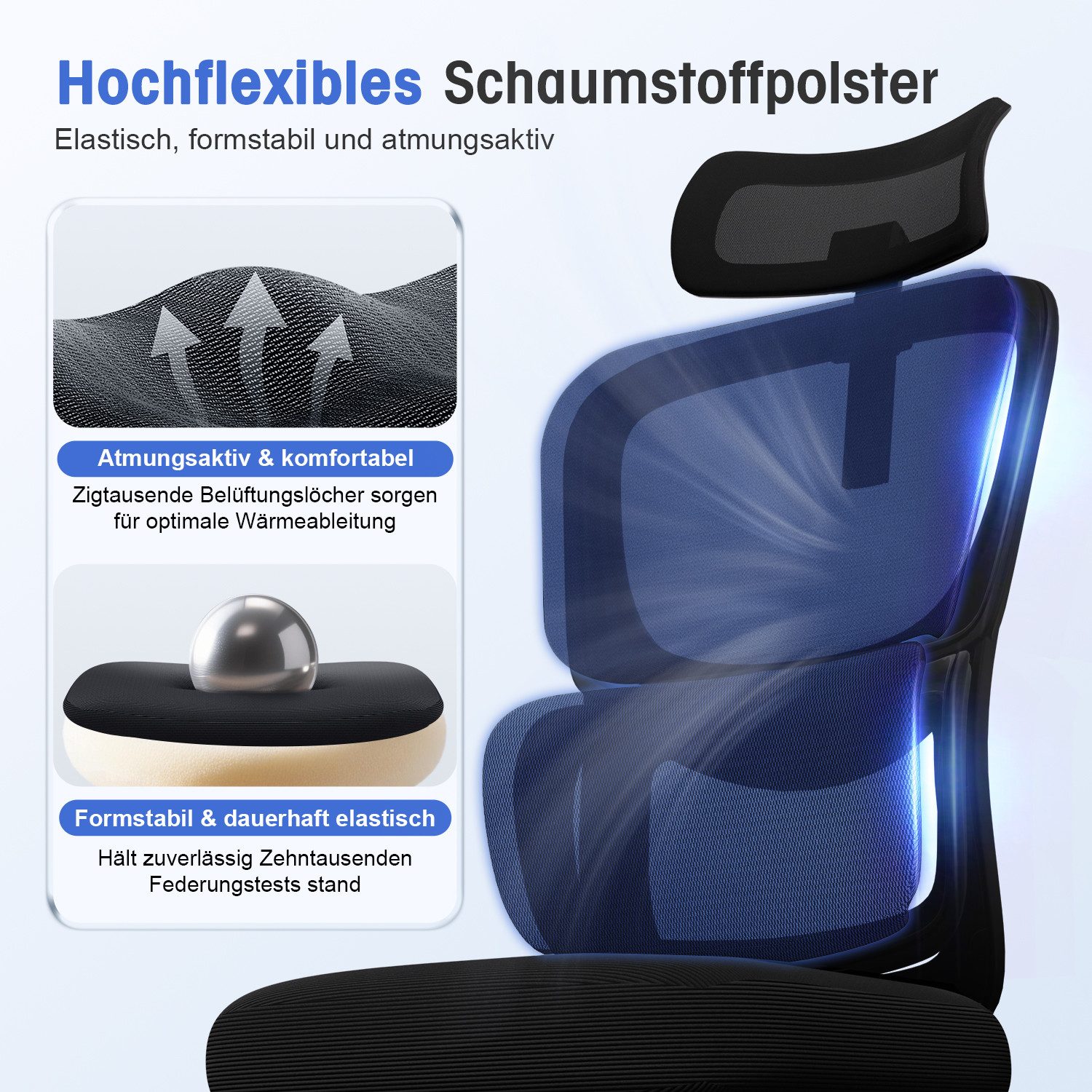 Homimaster Bürostuhl Bürostuhl, Schreibtischstuhl Ergonomisch mit Klappbaren Armlehnen (Bürostuhl mit Verstellbarer Kopfstütze, 90° Klappbare Armlehnen und Lendenwirbelstütze, Höhenverstellbarer Chefsessel aus Mesh), Bürostuhl mit maximaler Neigung von 135°, bis 150 kg belastbar